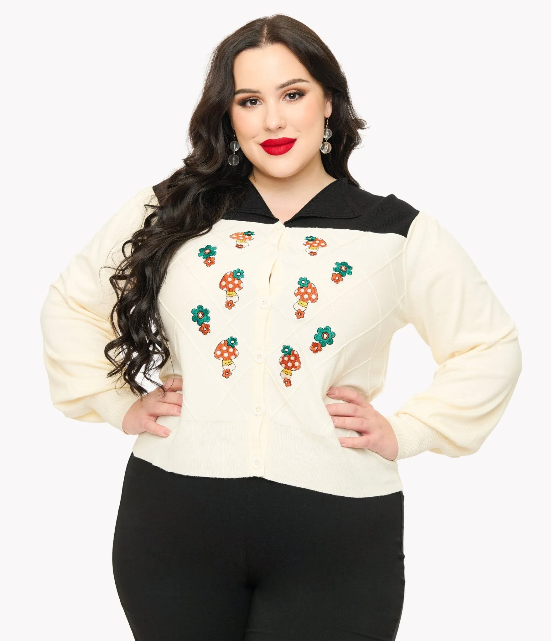 Smak Parlour Plus Size 1960s Ivory & Black Mushroom Embroidered Cardigan Easy Date Night