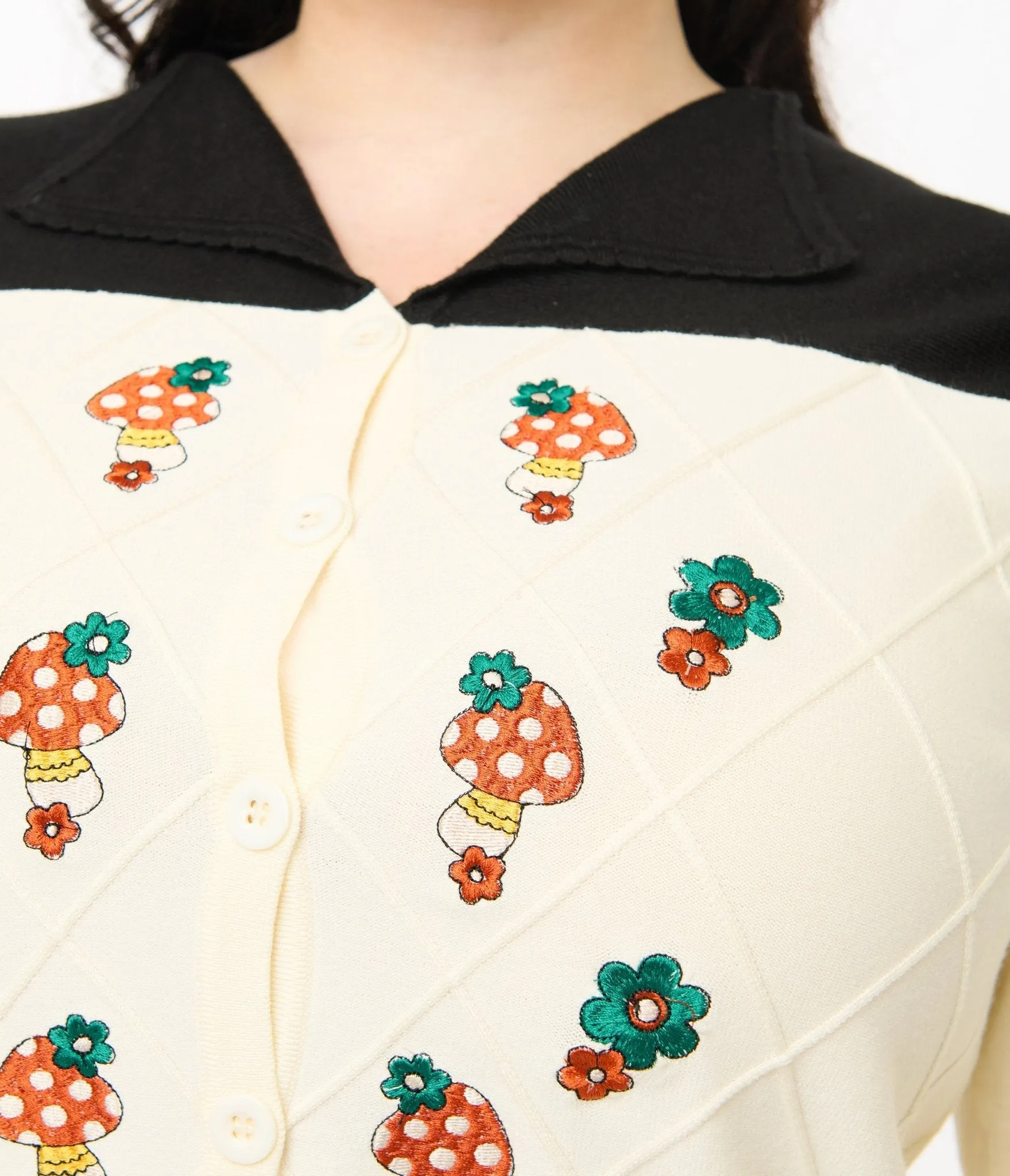 Smak Parlour Plus Size 1960s Ivory & Black Mushroom Embroidered Cardigan Easy Date Night