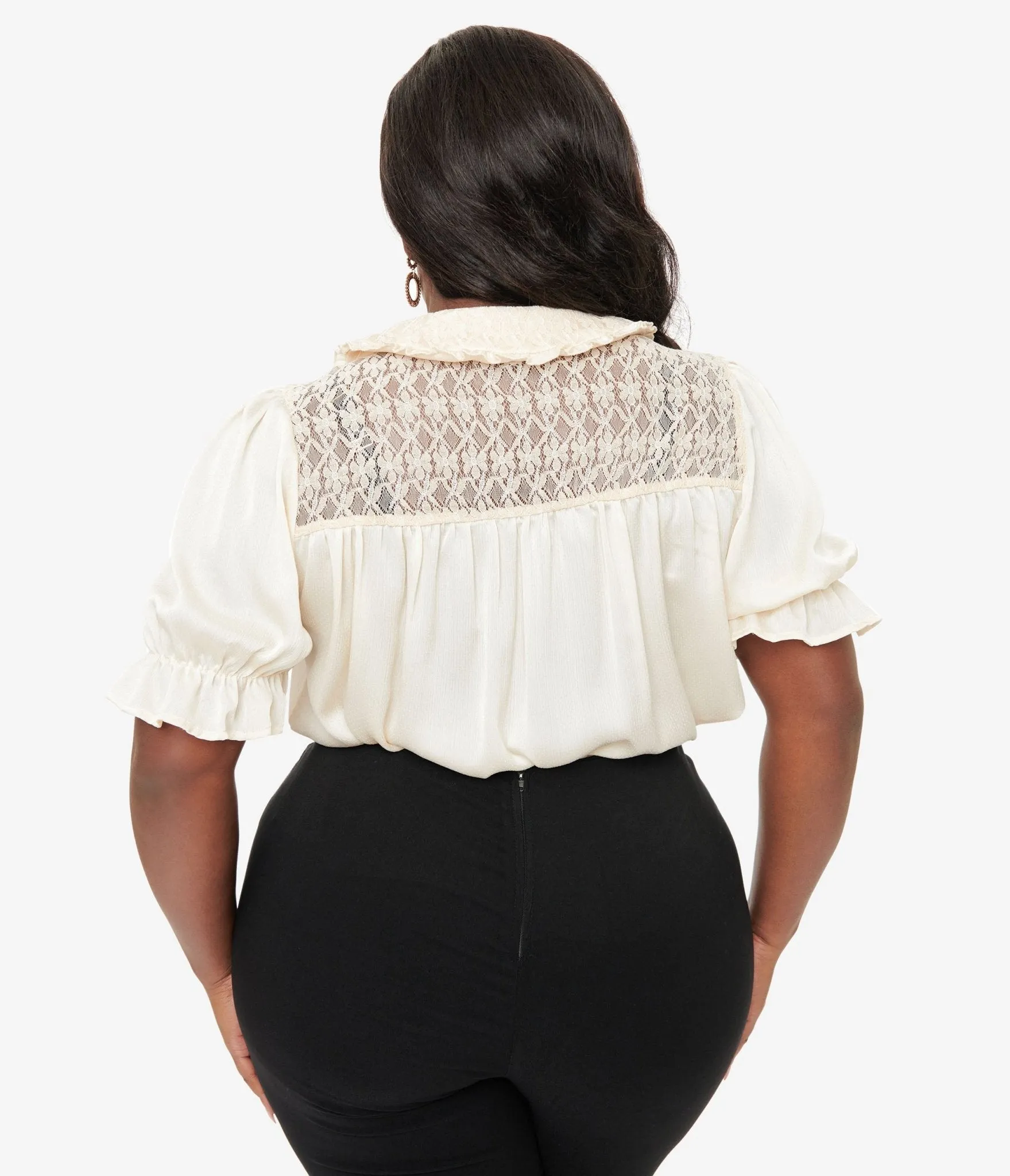 Smak Parlour Plus Size 1960s Ivory Lace Puff Sleeve Blouse Easy Date Night