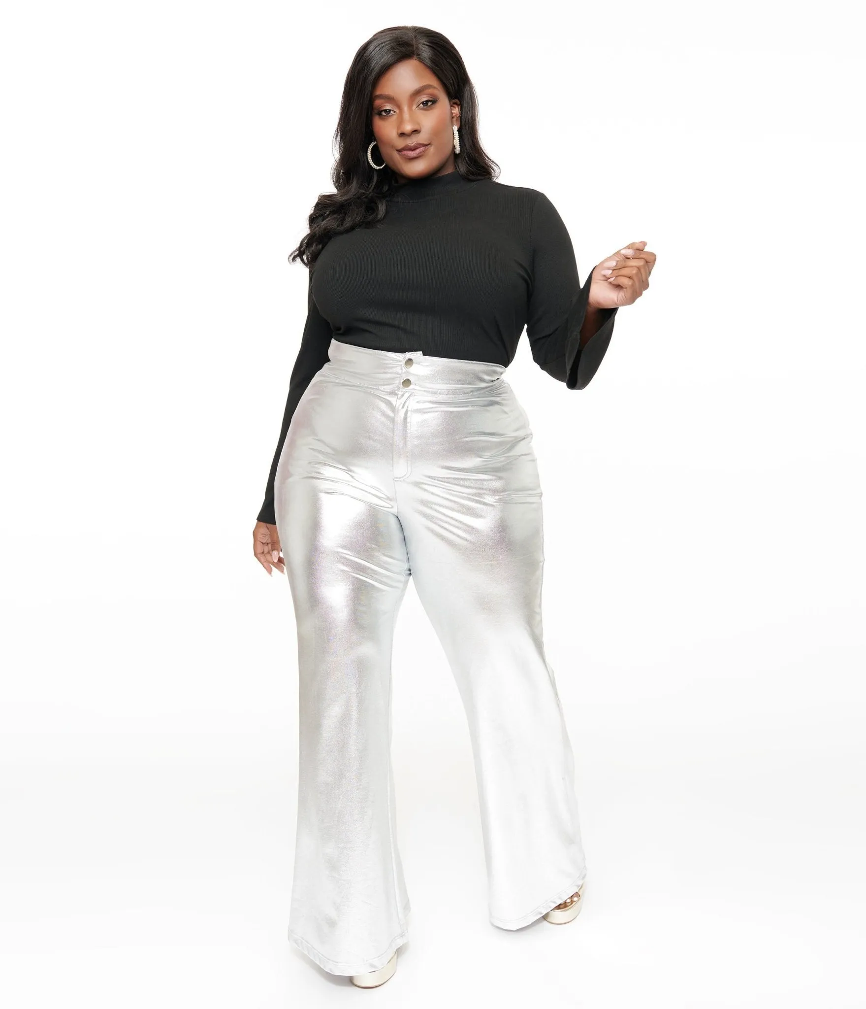 Smak Parlour Plus Size 1960s Metallic Silver High Waist Flare Pants Comfortable Travel Wear