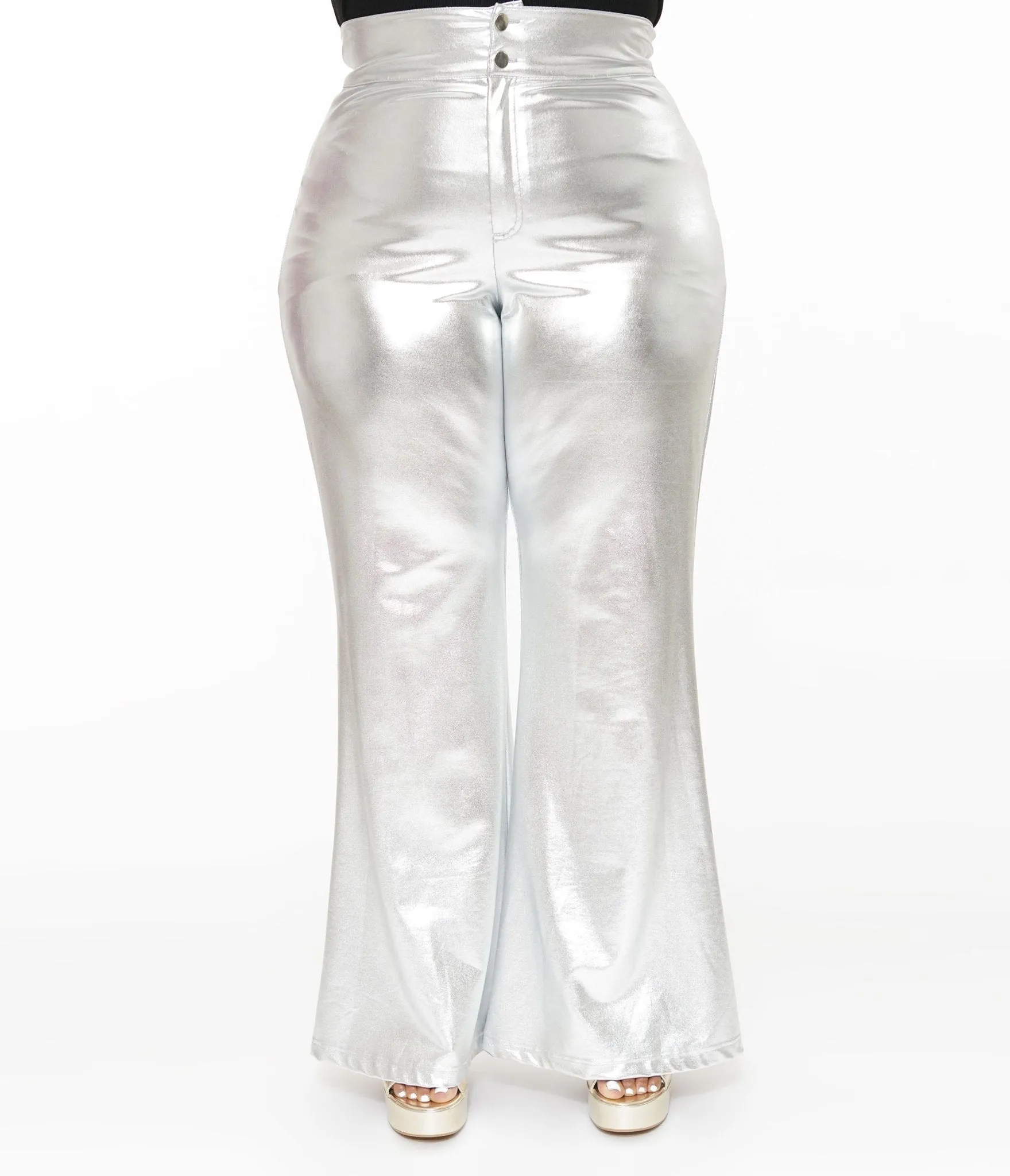 Smak Parlour Plus Size 1960s Metallic Silver High Waist Flare Pants Comfortable Travel Wear