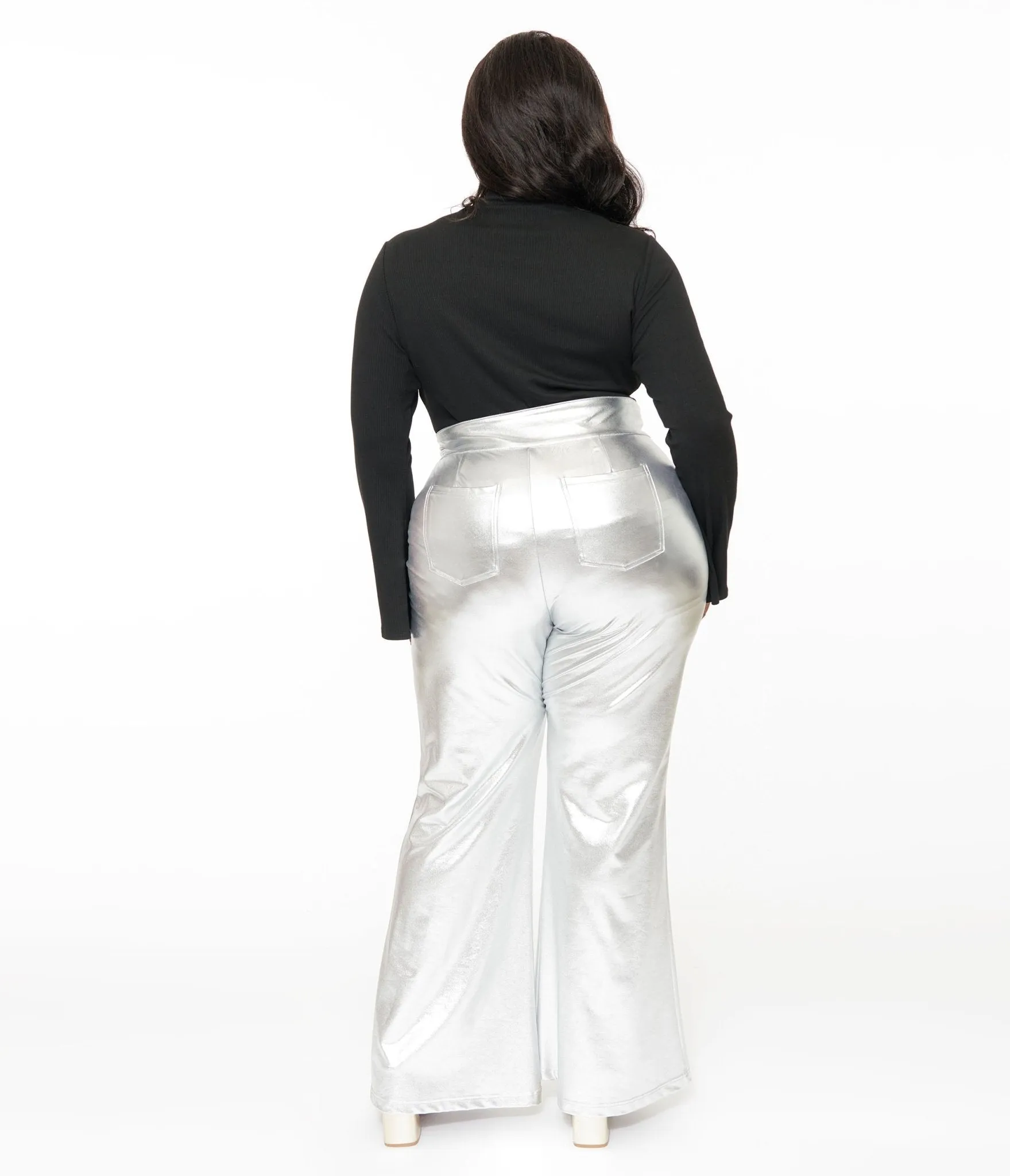 Smak Parlour Plus Size 1960s Metallic Silver High Waist Flare Pants Comfortable Travel Wear