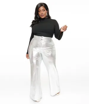 Smak Parlour Plus Size 1960s Metallic Silver High Waist Flare Pants Comfortable Travel Wear