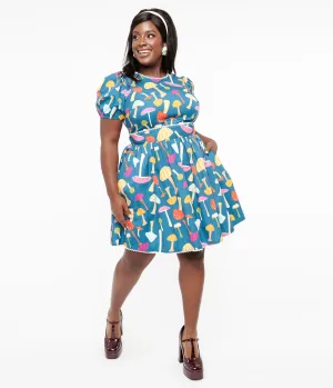 Smak Parlour Plus Size 1960s Navy.& Rainbow Mushroom Open Back Flare Dress Casual Everyday Look