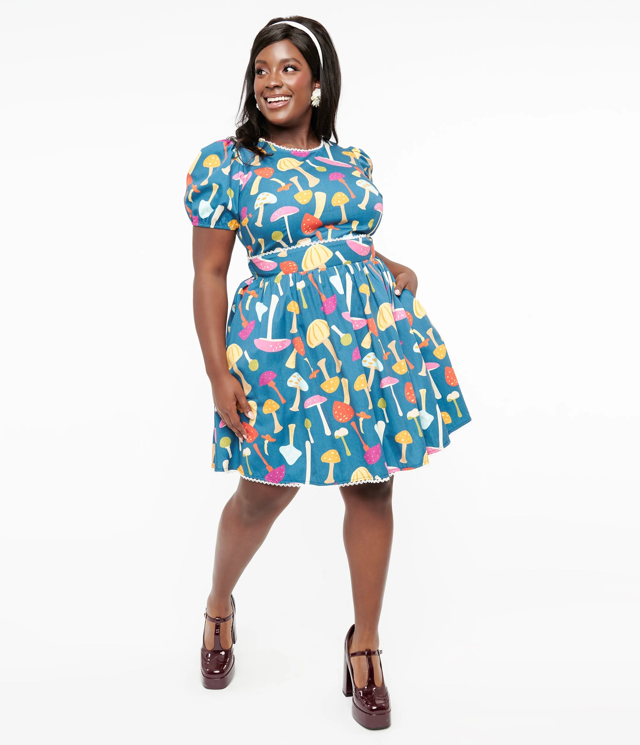 Smak Parlour Plus Size 1960s Navy.& Rainbow Mushroom Open Back Flare Dress Casual Everyday Look