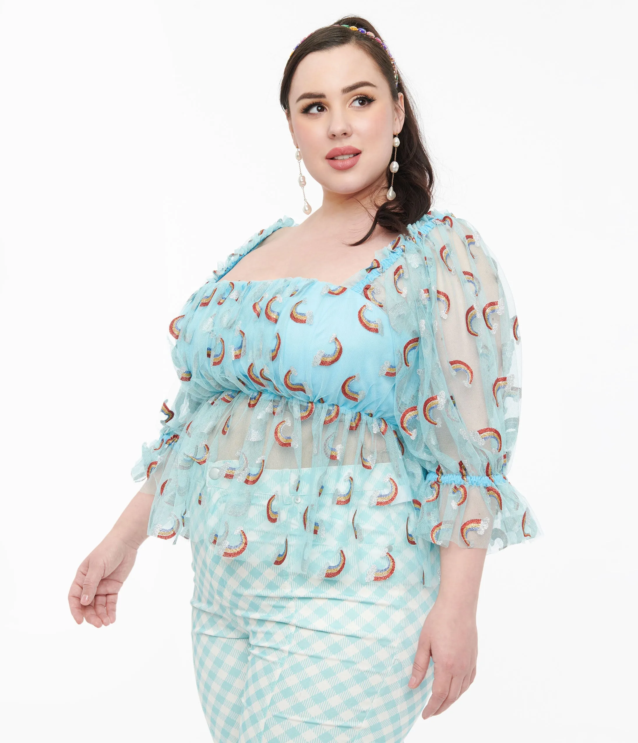 Smak Parlour Plus Size 1960s Sky Blue & Glitter Rainbow Mesh Ruffle Babydoll Top Easy Date Night
