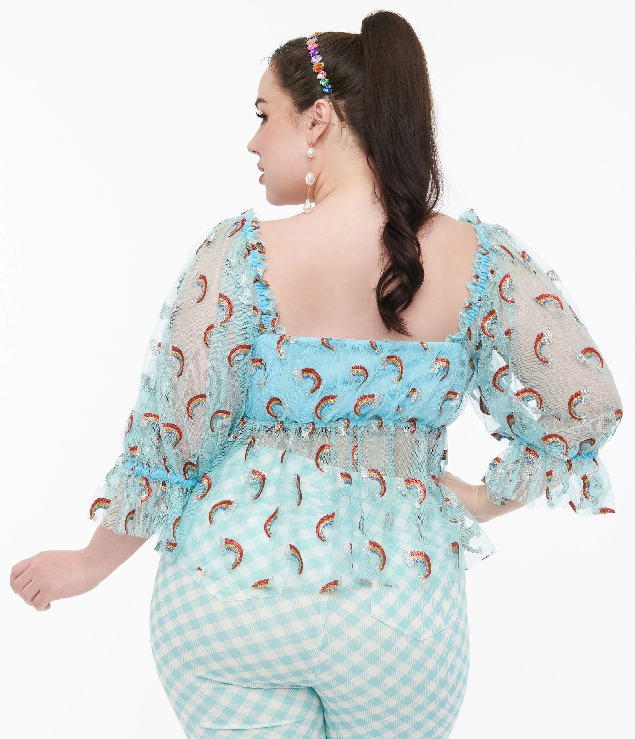 Smak Parlour Plus Size 1960s Sky Blue & Glitter Rainbow Mesh Ruffle Babydoll Top Easy Date Night