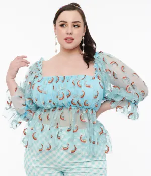 Smak Parlour Plus Size 1960s Sky Blue & Glitter Rainbow Mesh Ruffle Babydoll Top Easy Date Night