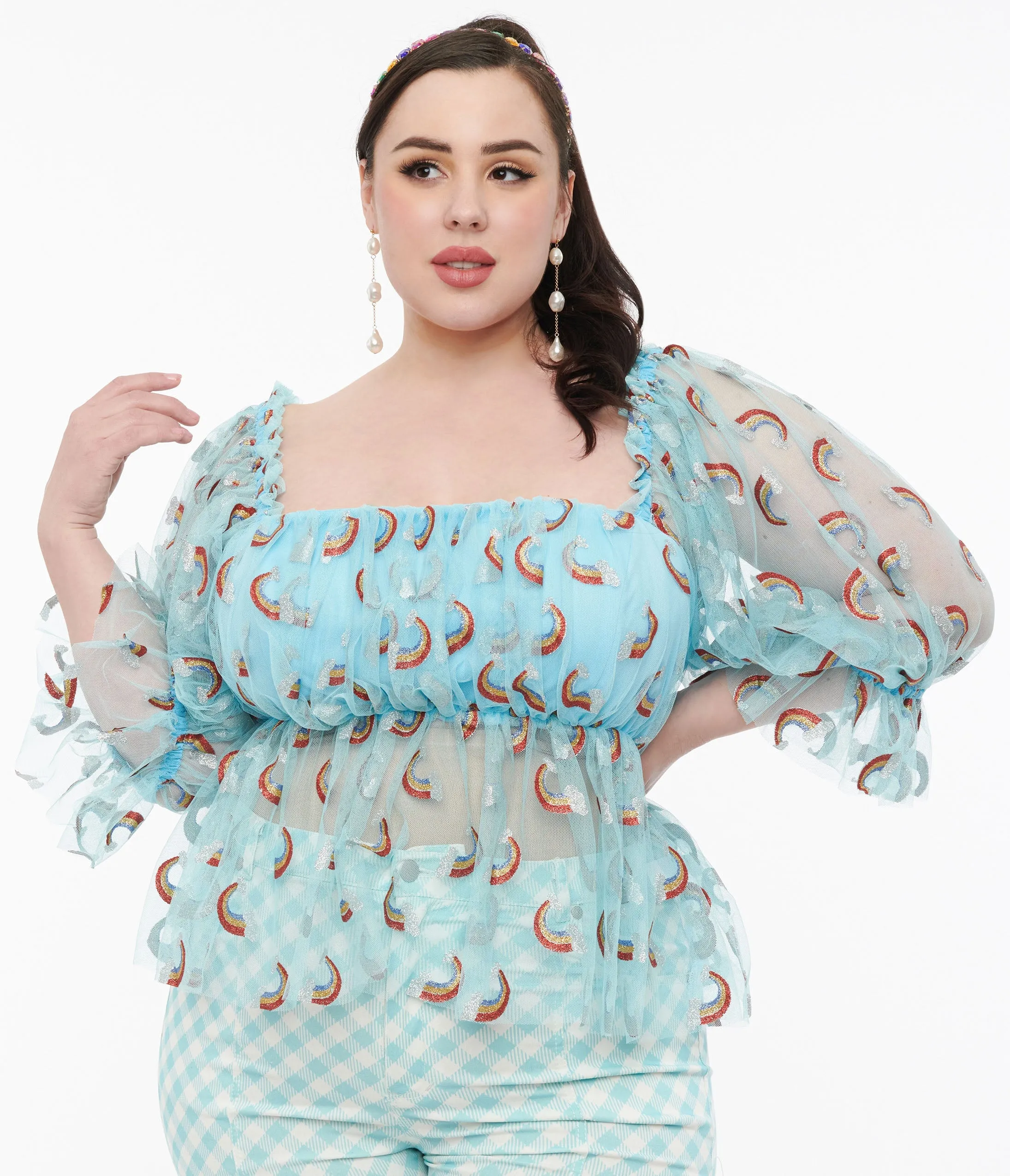 Smak Parlour Plus Size 1960s Sky Blue & Glitter Rainbow Mesh Ruffle Babydoll Top Easy Date Night
