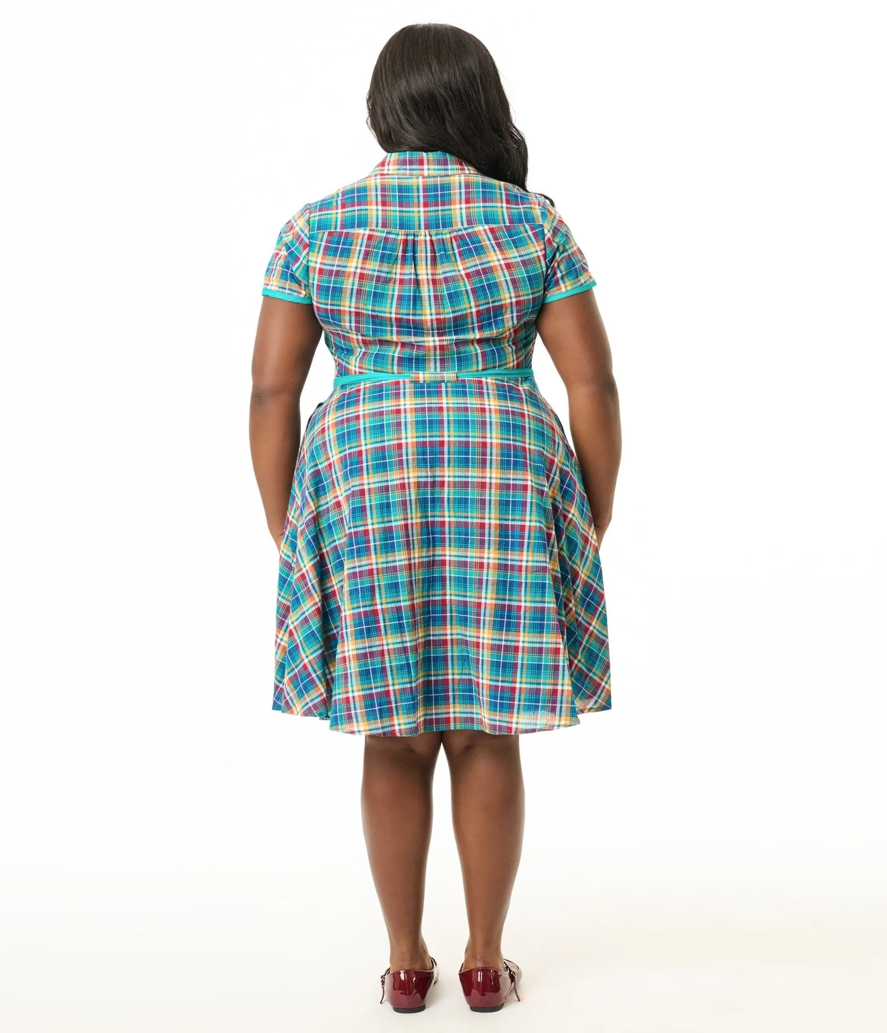 Smak Parlour Plus Size 1960s Teal Madras Fit & Flare Dress Casual Everyday Look