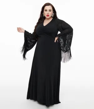 Smak Parlour Plus Size 1970s Black Floral Fringe Sleeve Stevie Maxi Dress Casual Everyday Look