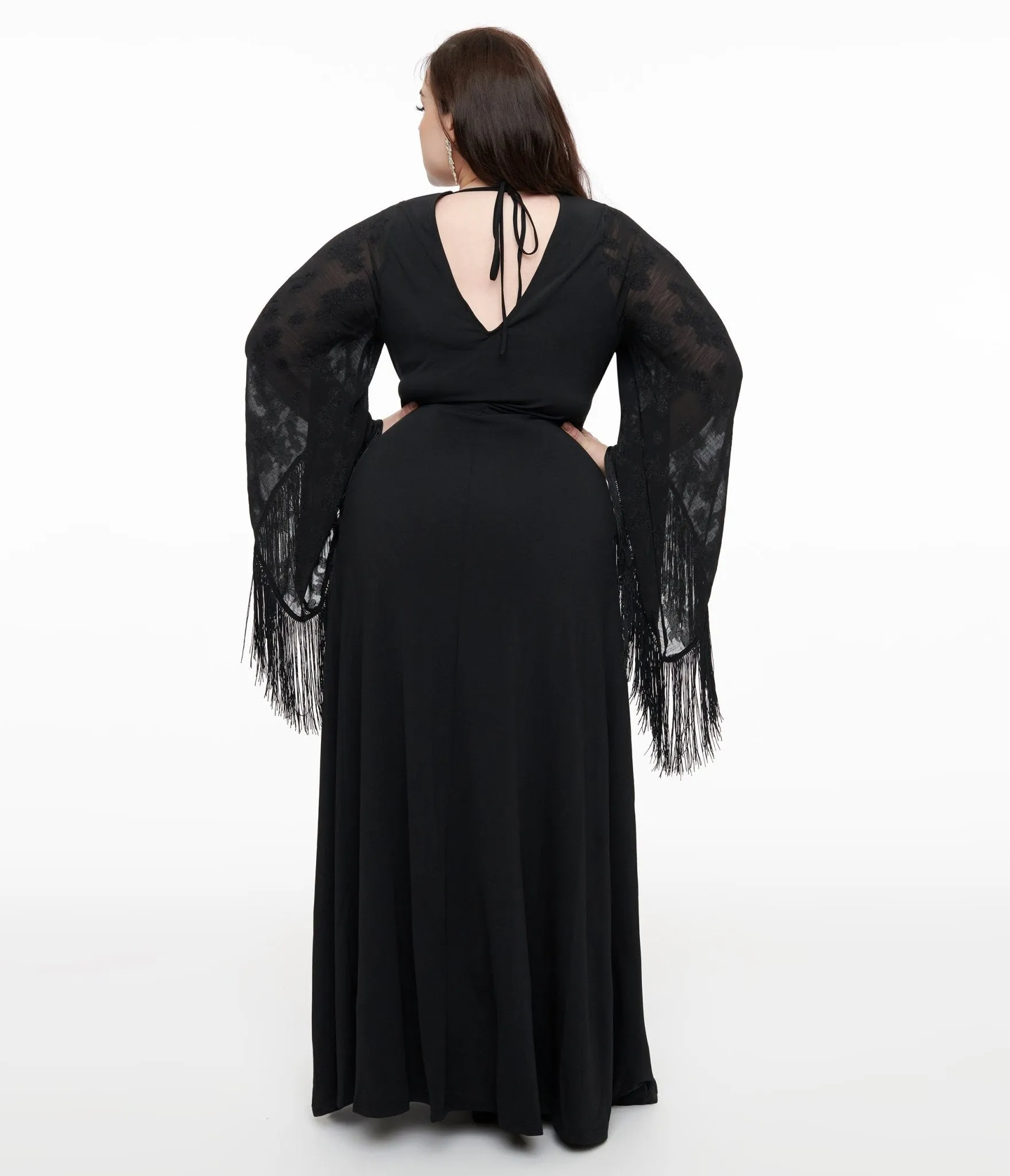 Smak Parlour Plus Size 1970s Black Floral Fringe Sleeve Stevie Maxi Dress Casual Everyday Look