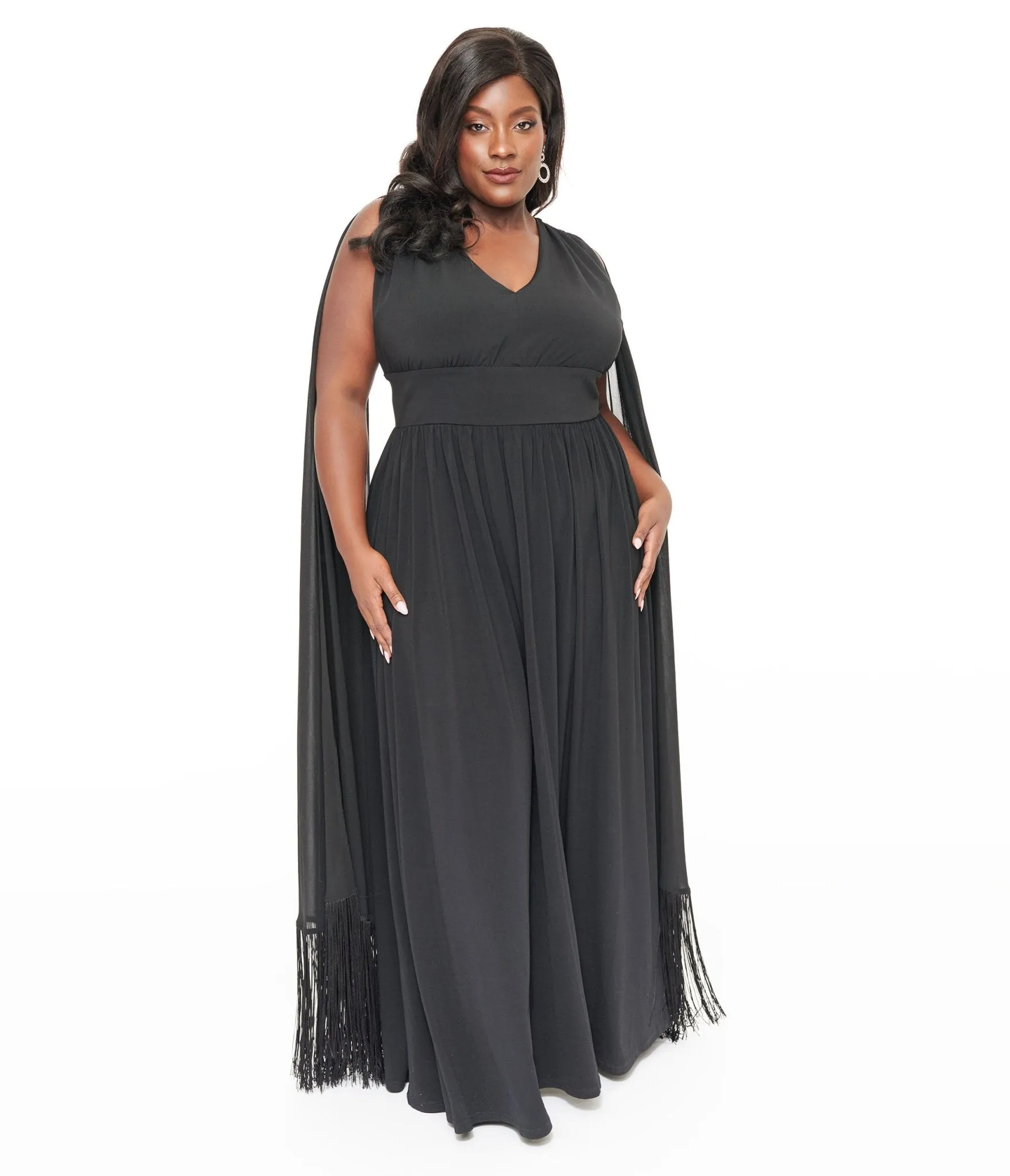 Smak Parlour Plus Size 1970s Black Fringe Cape Maxi Dress Casual Everyday Look