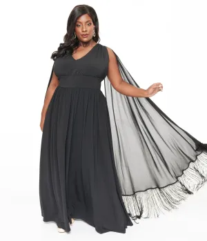 Smak Parlour Plus Size 1970s Black Fringe Cape Maxi Dress Casual Everyday Look