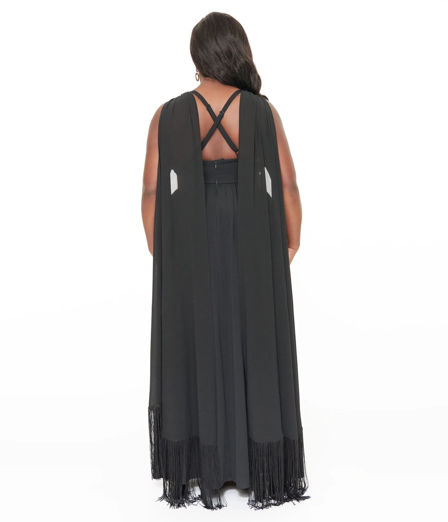 Smak Parlour Plus Size 1970s Black Fringe Cape Maxi Dress Casual Everyday Look