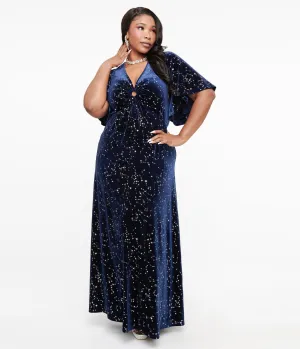 Smak Parlour Plus Size 1970s Blue Velvet Silver Stars Cutout Maxi Dress Casual Everyday Look