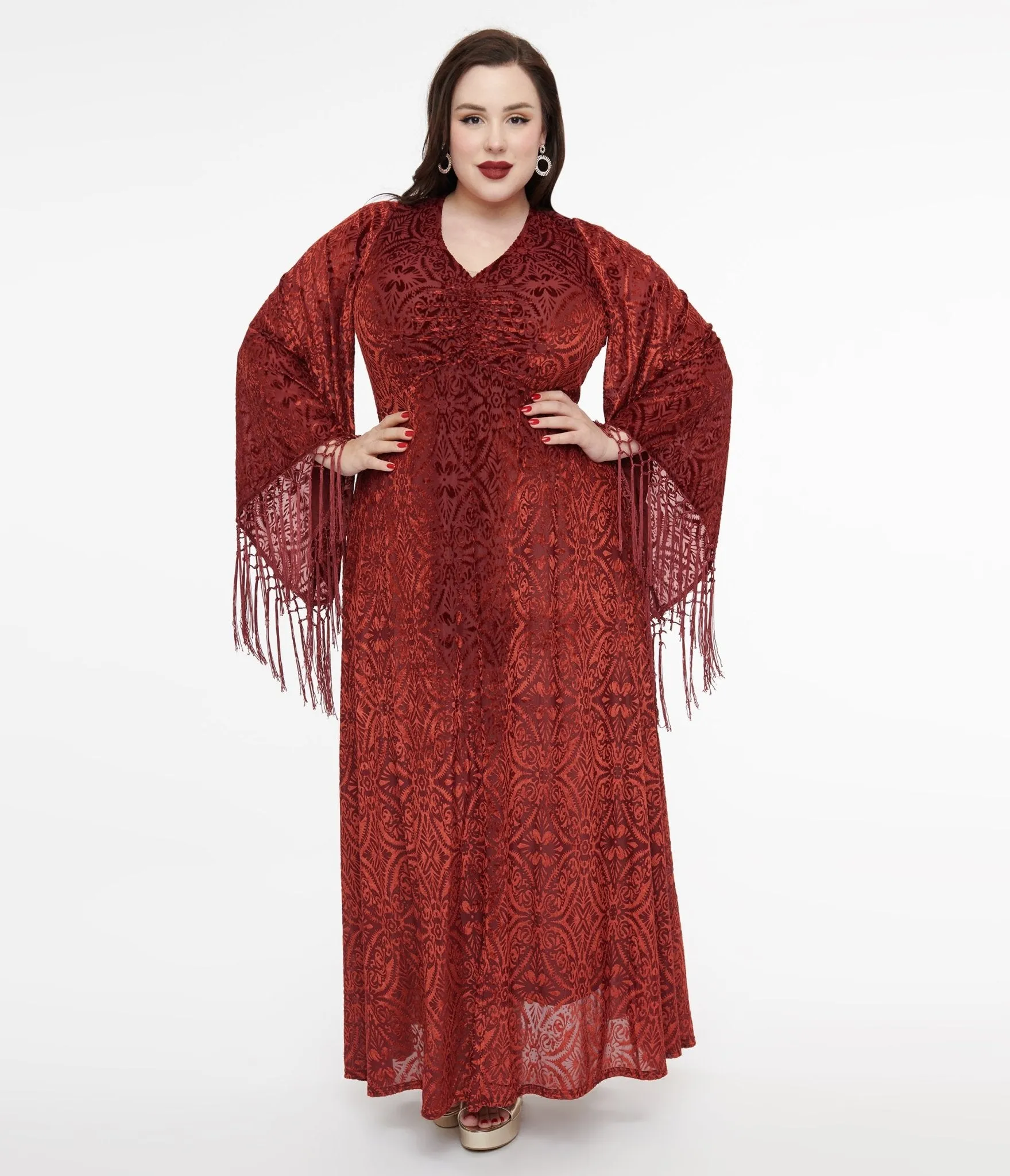 Smak Parlour Plus Size 1970s Burgundy Velvet Burnout Fringe Sleeve Stevie Maxi Dress Casual Everyday Look