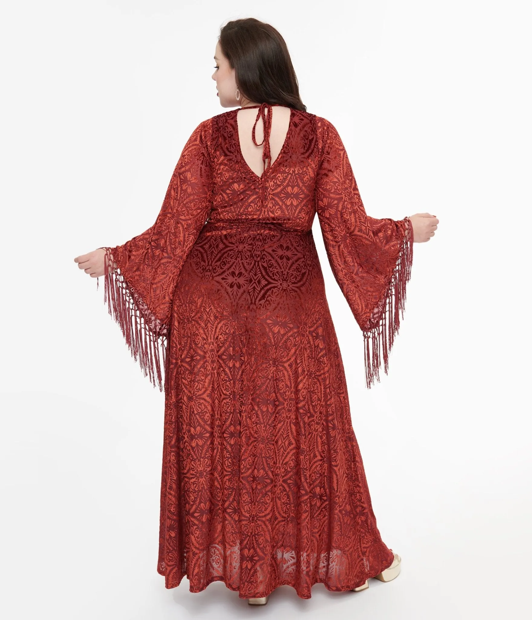 Smak Parlour Plus Size 1970s Burgundy Velvet Burnout Fringe Sleeve Stevie Maxi Dress Casual Everyday Look