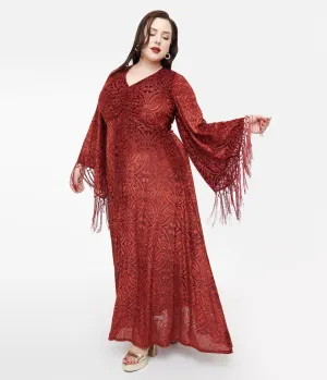 Smak Parlour Plus Size 1970s Burgundy Velvet Burnout Fringe Sleeve Stevie Maxi Dress Casual Everyday Look