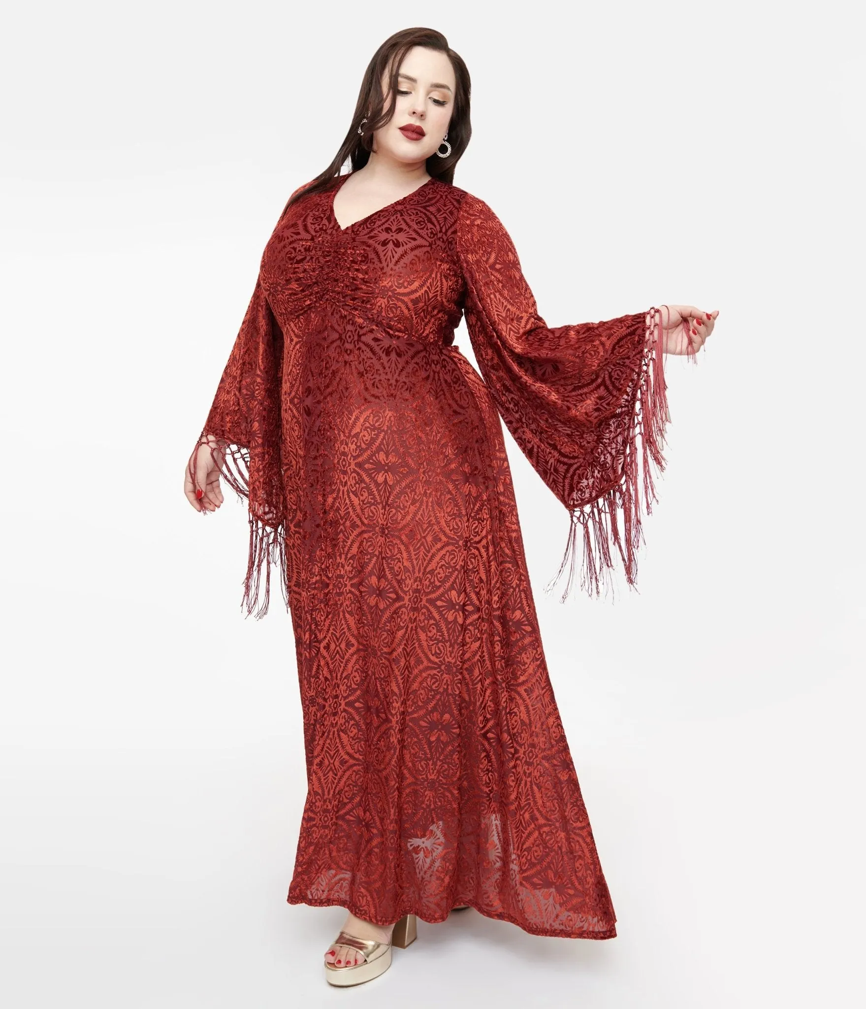 Smak Parlour Plus Size 1970s Burgundy Velvet Burnout Fringe Sleeve Stevie Maxi Dress Casual Everyday Look