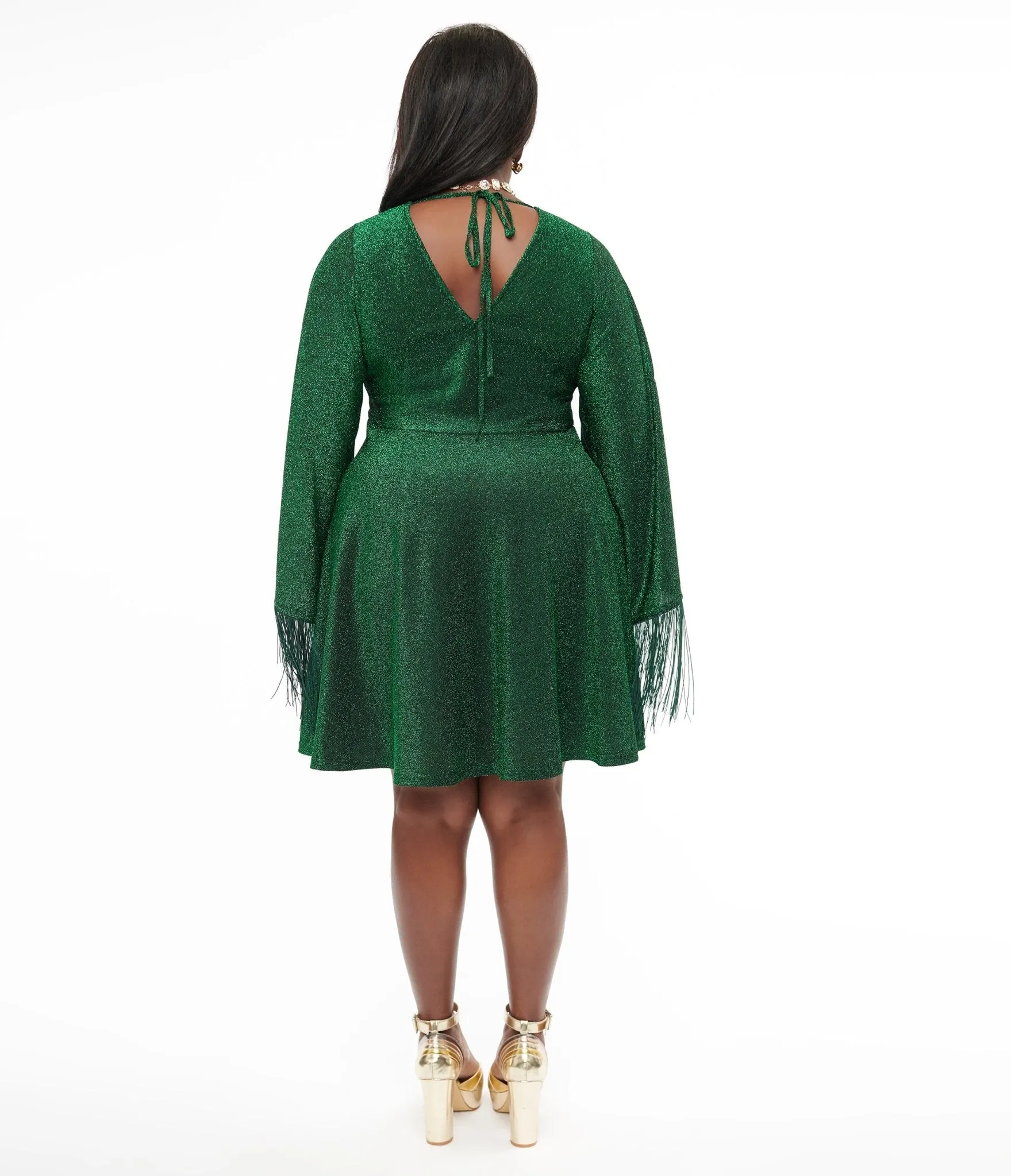Smak Parlour Plus Size 1970s Green Sparkle & Fringe Bell Sleeve Fit & Flare Dress Casual Everyday Look