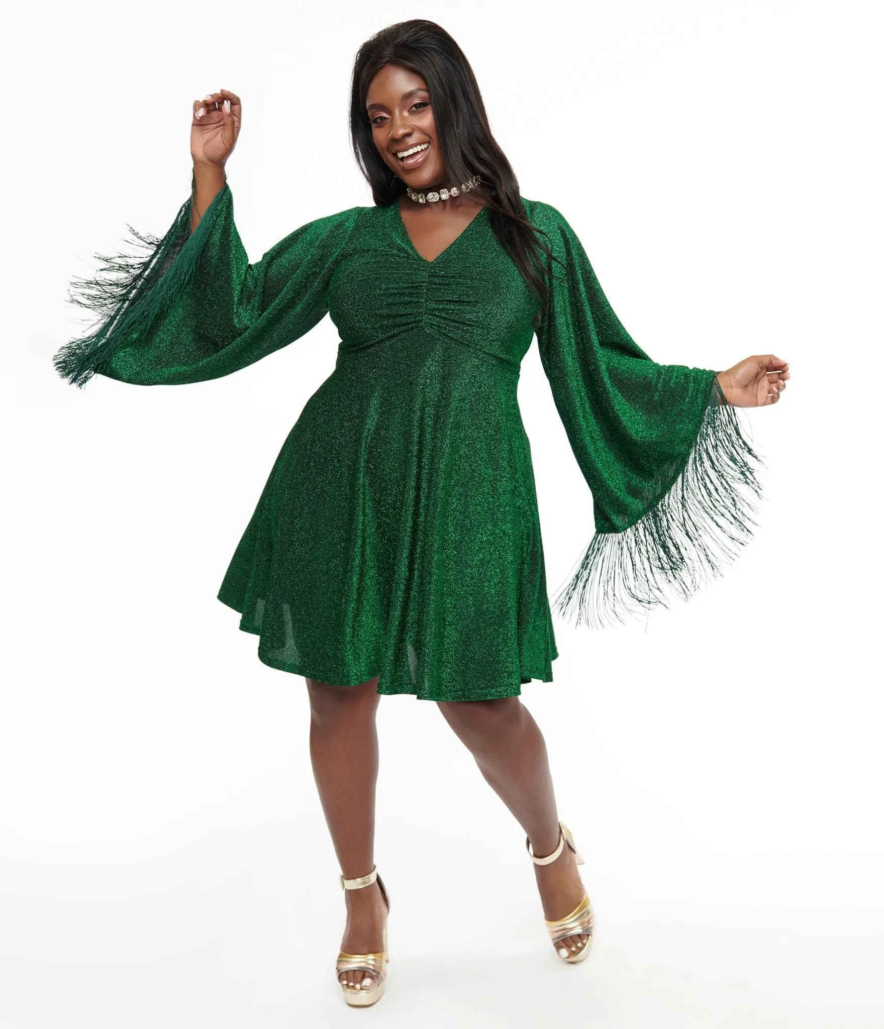 Smak Parlour Plus Size 1970s Green Sparkle & Fringe Bell Sleeve Fit & Flare Dress Casual Everyday Look