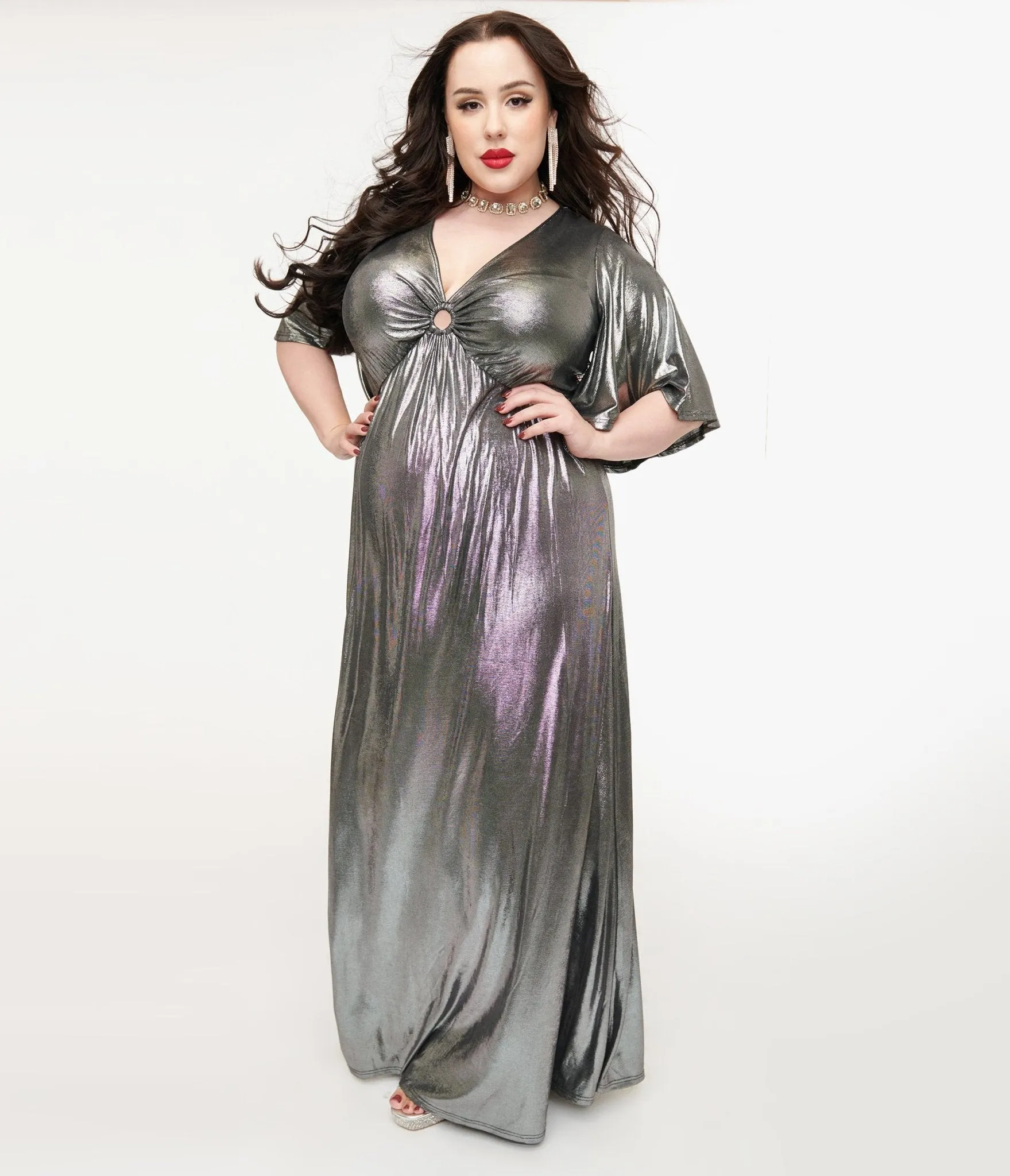 Smak Parlour Plus Size 1970s Metallic Silver Cutout Maxi Dress Casual Everyday Look