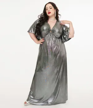 Smak Parlour Plus Size 1970s Metallic Silver Cutout Maxi Dress Casual Everyday Look