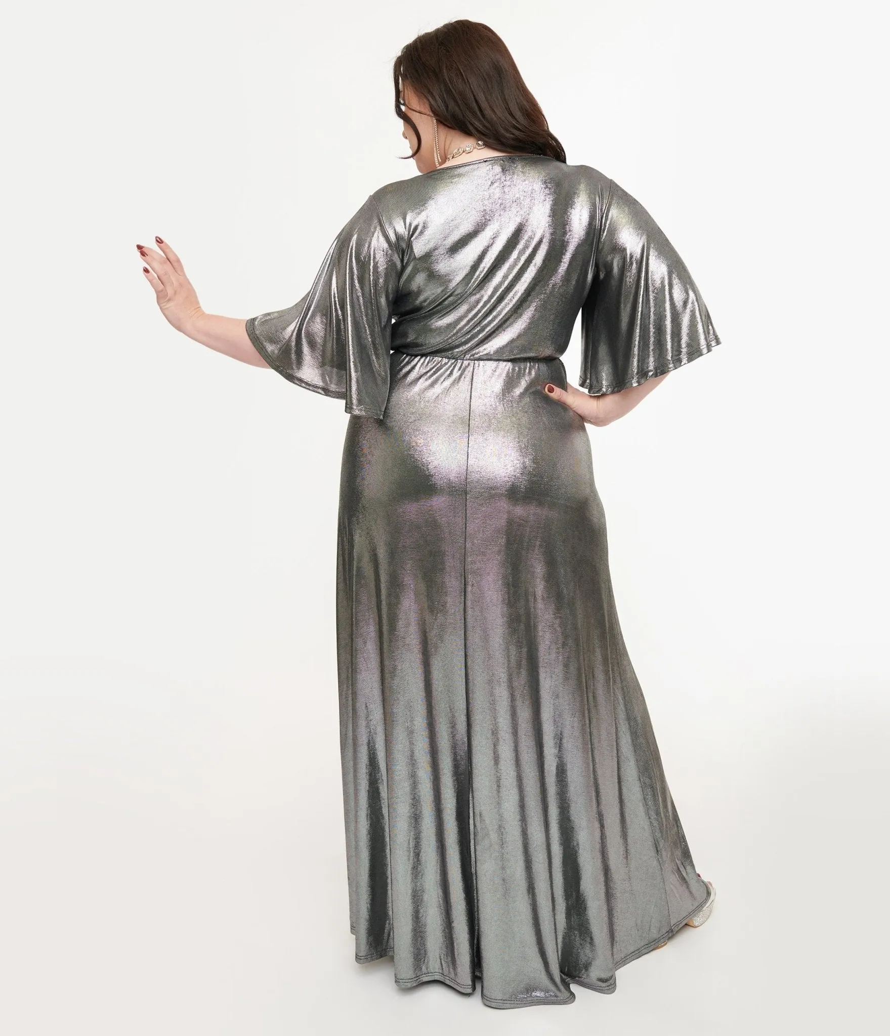 Smak Parlour Plus Size 1970s Metallic Silver Cutout Maxi Dress Casual Everyday Look