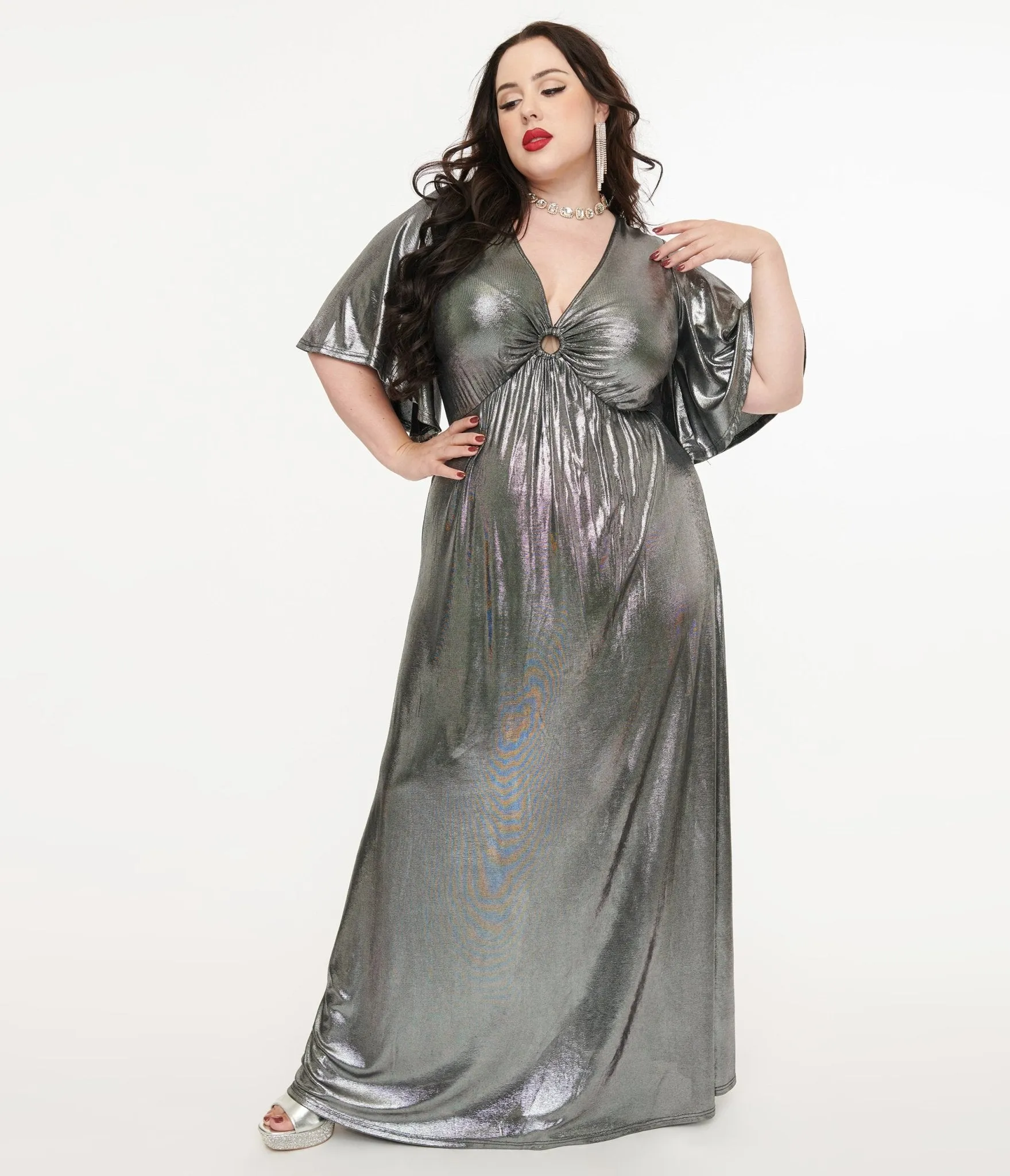 Smak Parlour Plus Size 1970s Metallic Silver Cutout Maxi Dress Casual Everyday Look