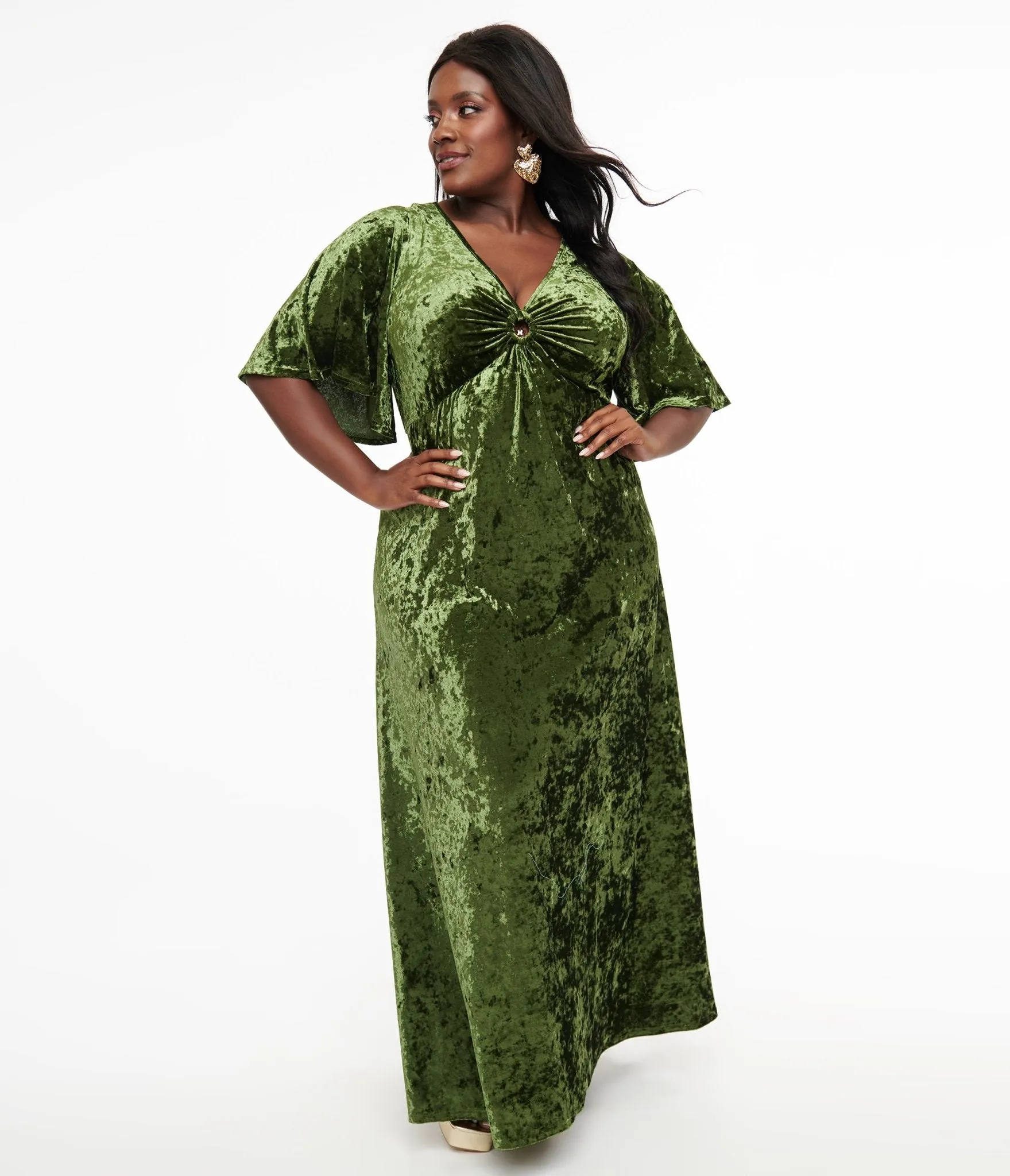 Smak Parlour Plus Size 1970s Mossy Green Velvet Cutout Maxi Dress Casual Everyday Look