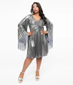 Smak Parlour Plus Size 1970s Silver Metallic Fringe Fit & Flare Dress Casual Everyday Look