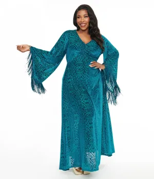 Smak Parlour Plus Size 1970s Teal Floral Fringe Sleeve Stevie Maxi Dress Casual Everyday Look