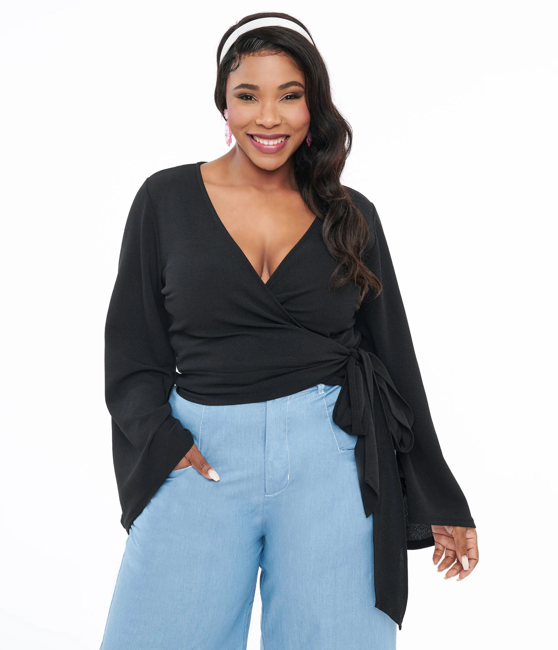 Smak Parlour Plus Size Black Bell Sleeve Wrap Top Easy Date Night