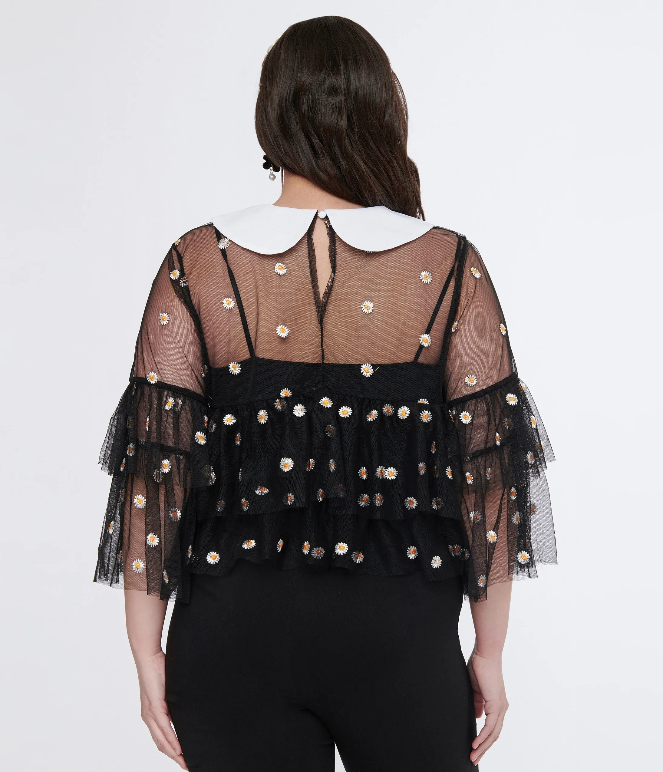 Smak Parlour Plus Size Black Daisy Mesh Ruffle Top Easy Date Night
