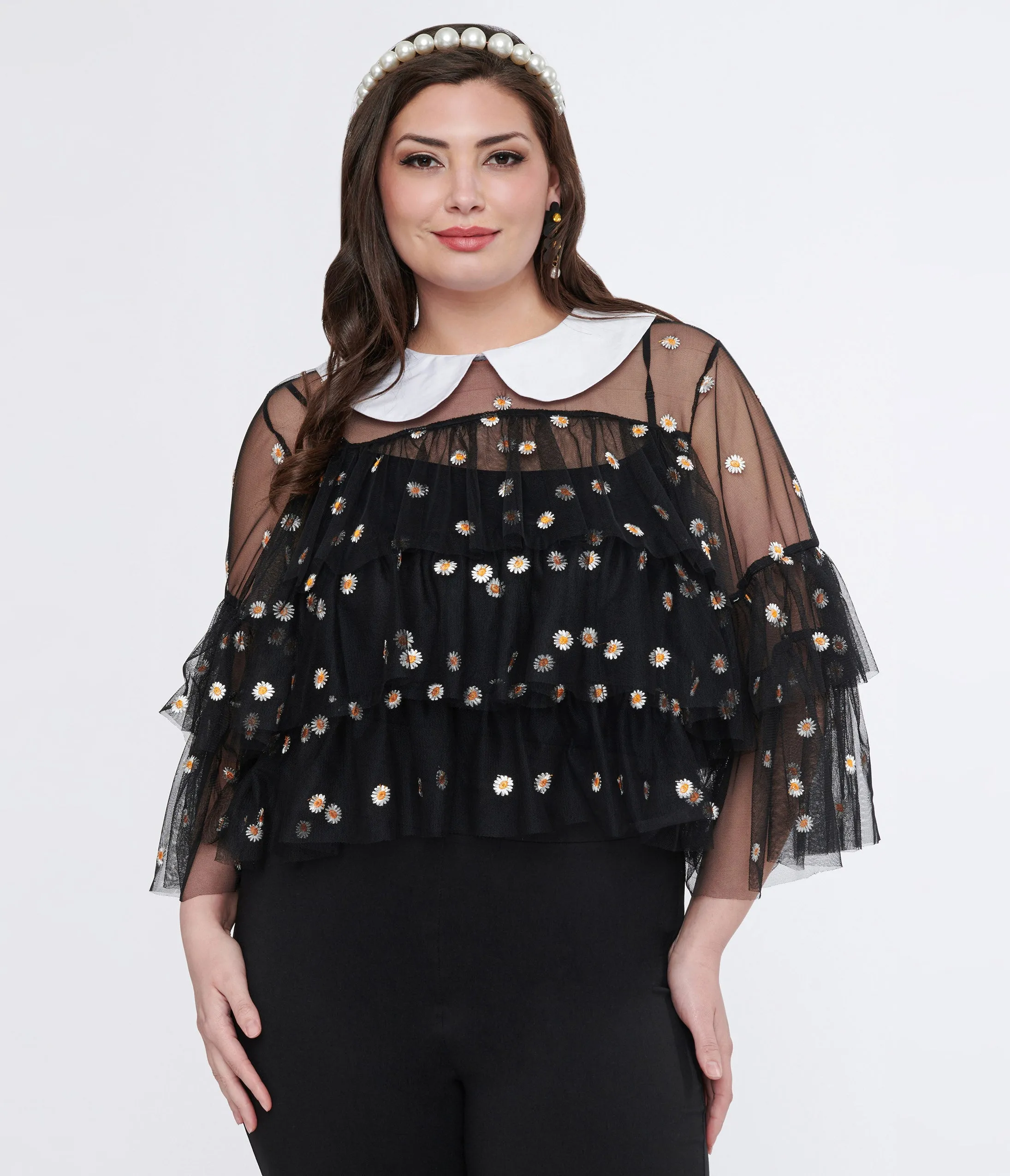 Smak Parlour Plus Size Black Daisy Mesh Ruffle Top Easy Date Night