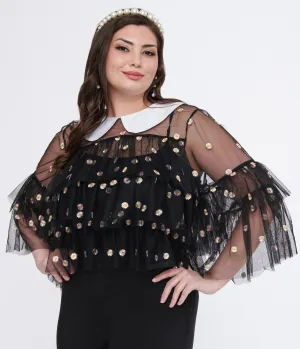 Smak Parlour Plus Size Black Daisy Mesh Ruffle Top Easy Date Night