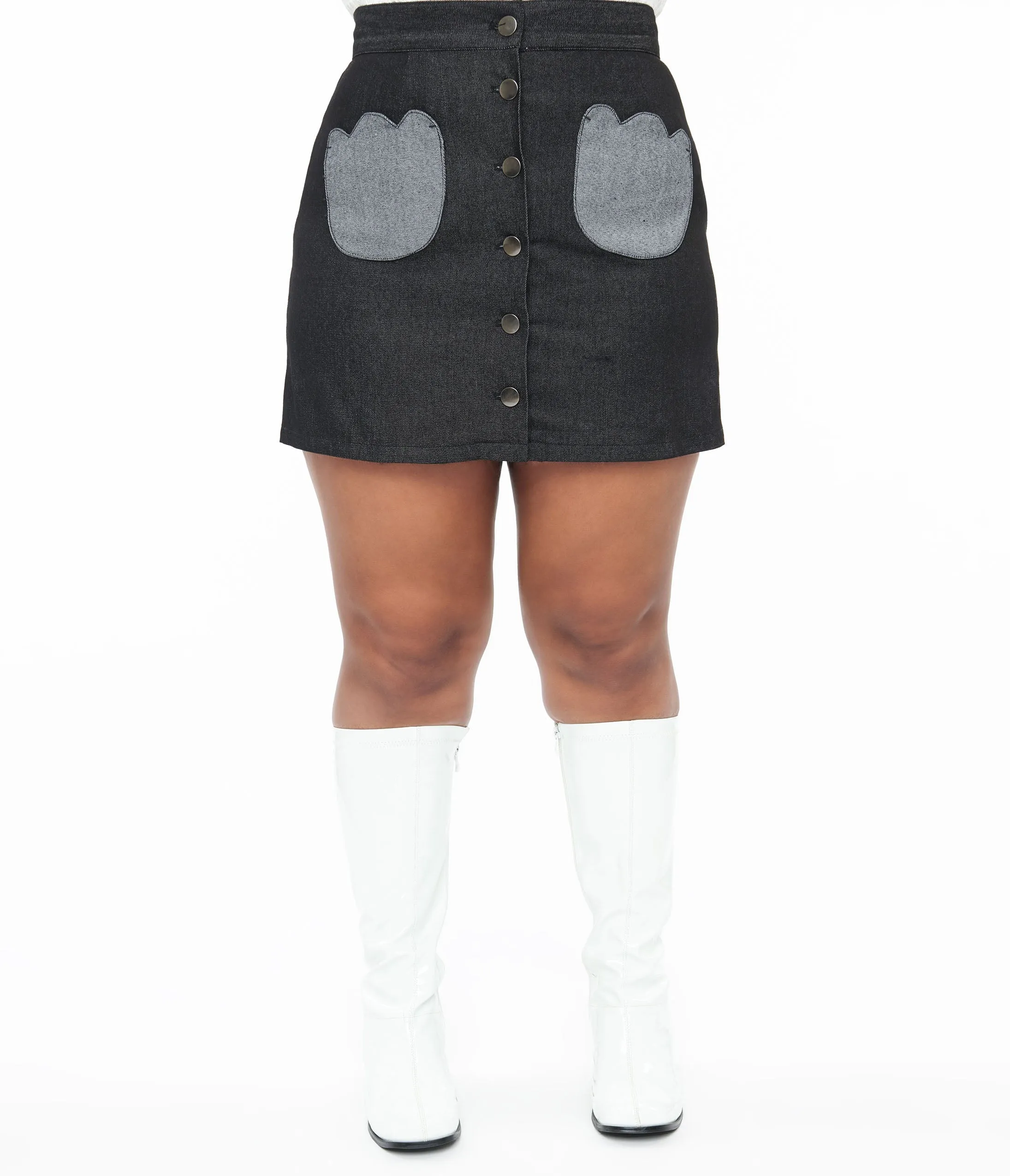 Smak Parlour Plus Size Black Denim Tulip Patch Pocket Skirt Comfortable Travel Wear
