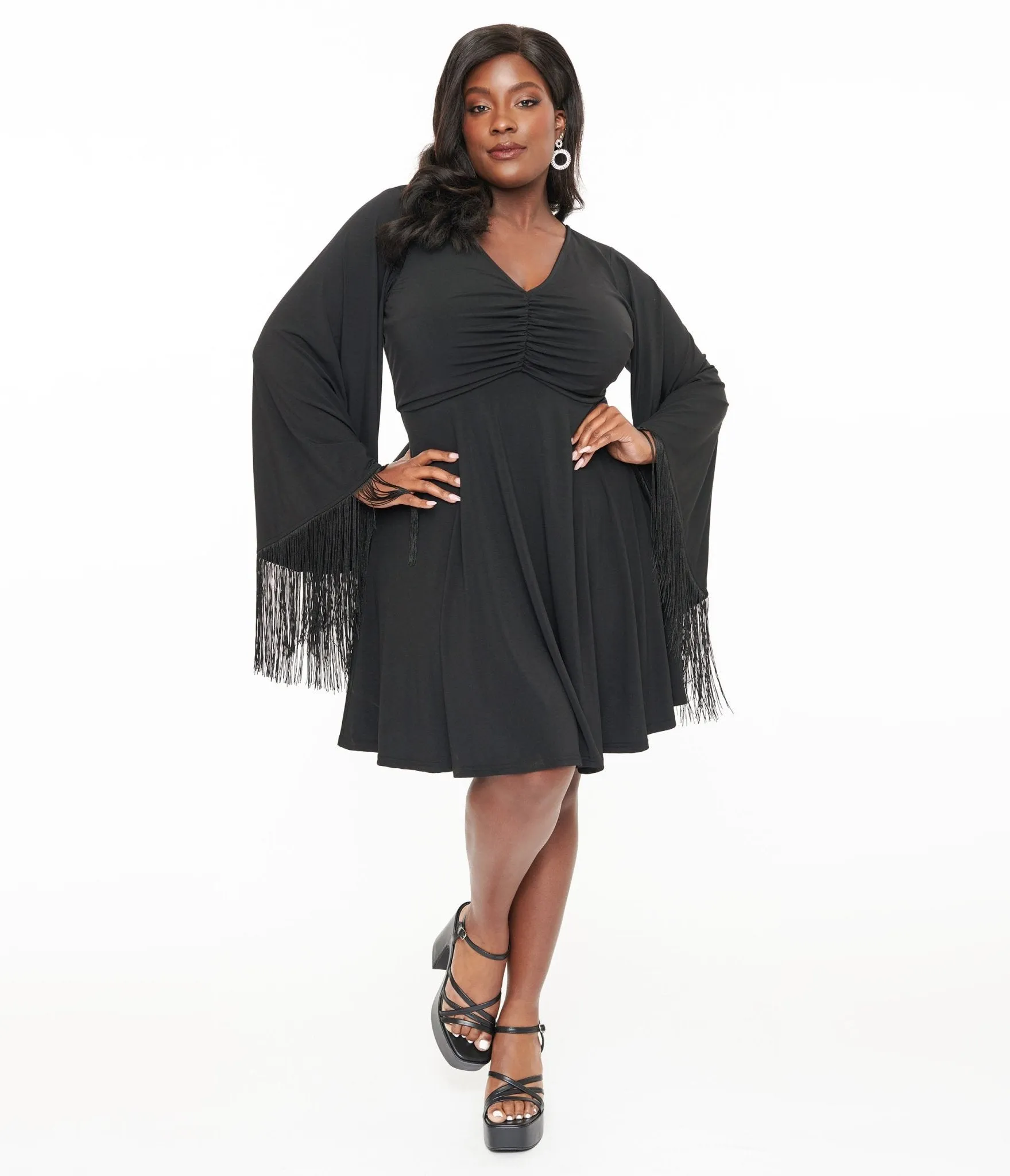 Smak Parlour Plus Size Black Fringe Bell Sleeve Fit & Flare Dress Casual Everyday Look