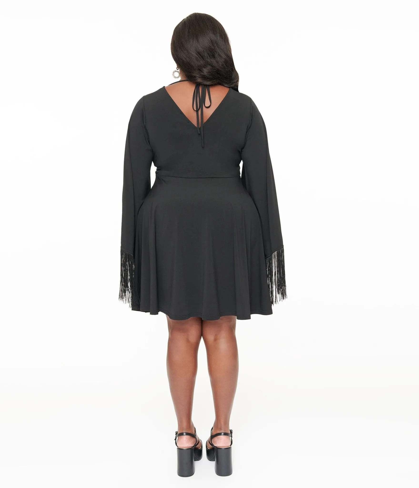 Smak Parlour Plus Size Black Fringe Bell Sleeve Fit & Flare Dress Casual Everyday Look