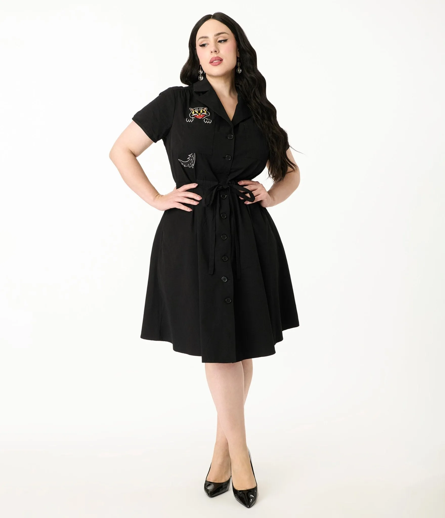 Smak Parlour Plus Size Black Scaredy Cat Cotton Fit & Flare Dress Casual Everyday Look