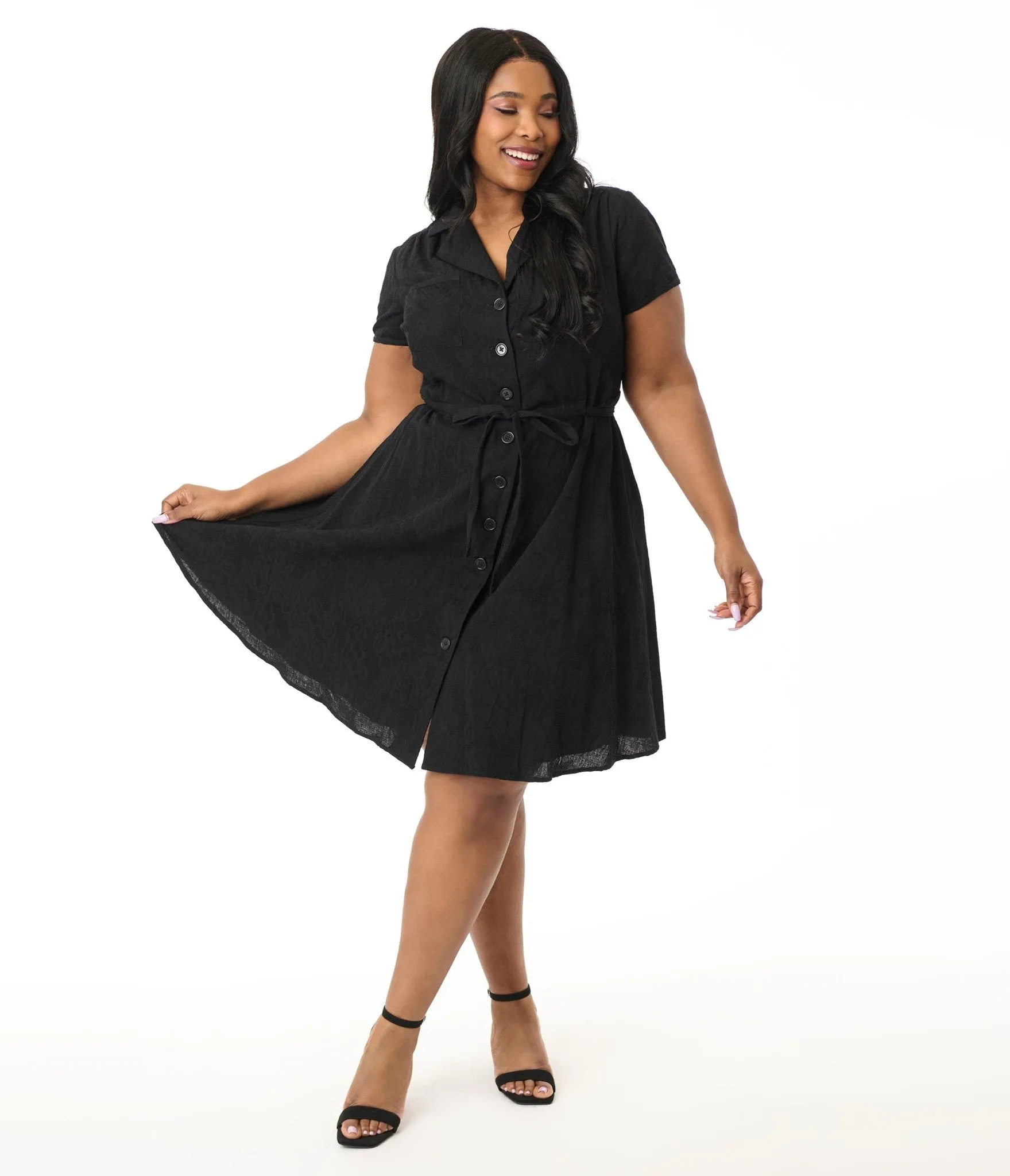 Smak Parlour Plus Size Black Textured Cotton Fit & Flare Dress Casual Everyday Look