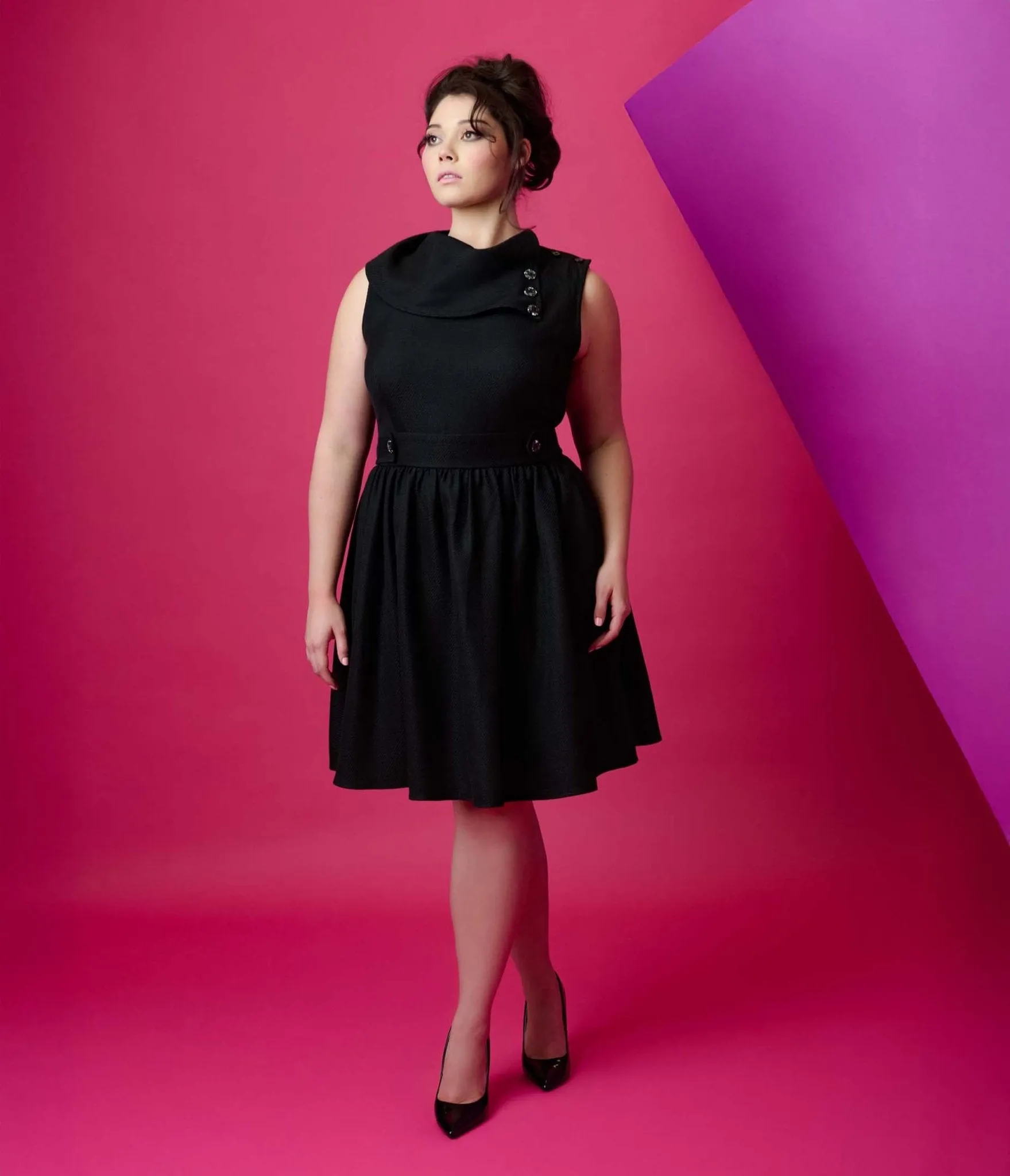 Smak Parlour Plus Size Black Tweed Funnel Neck Fit & Flare Dress Casual Everyday Look