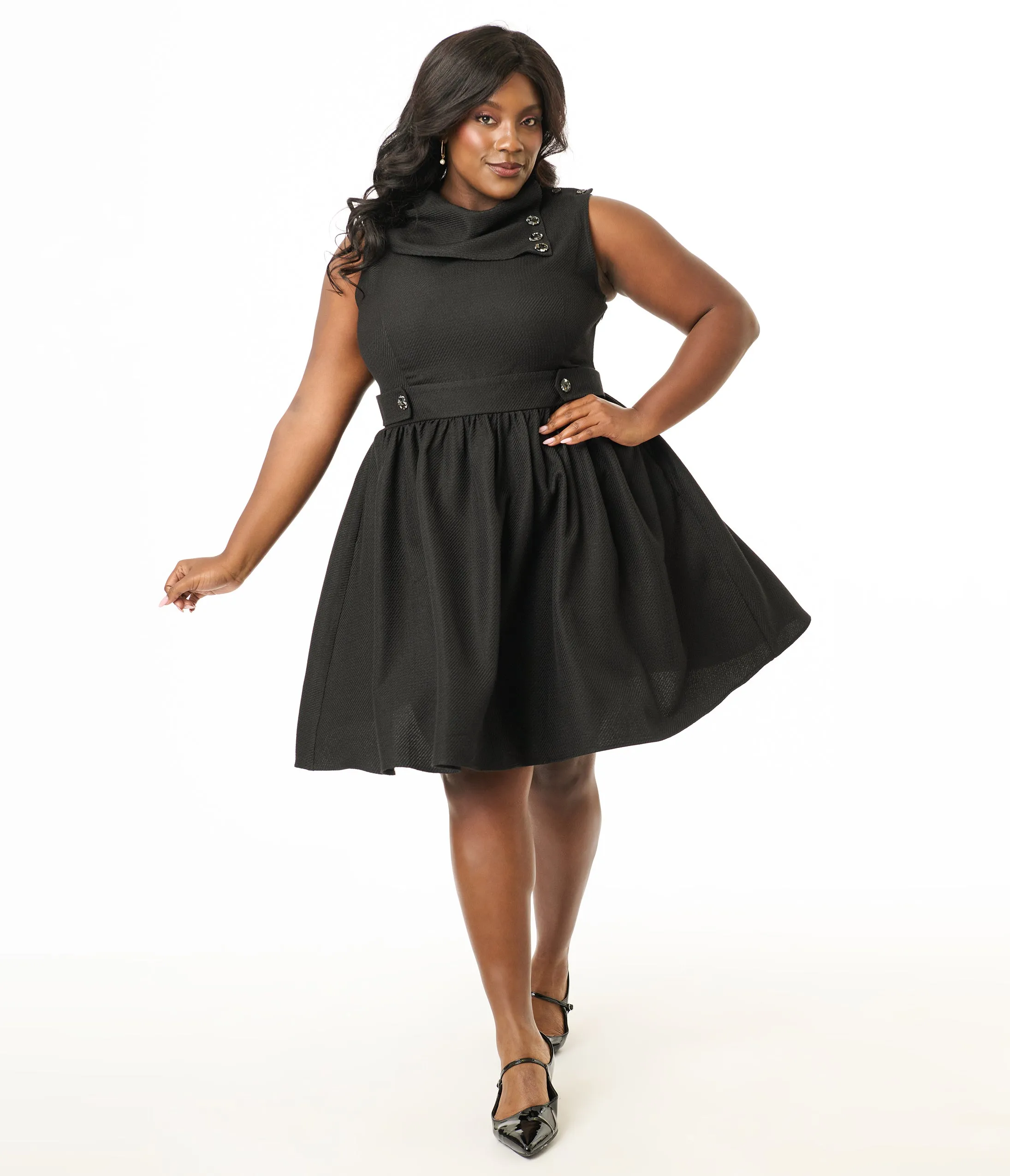 Smak Parlour Plus Size Black Tweed Funnel Neck Fit & Flare Dress Casual Everyday Look