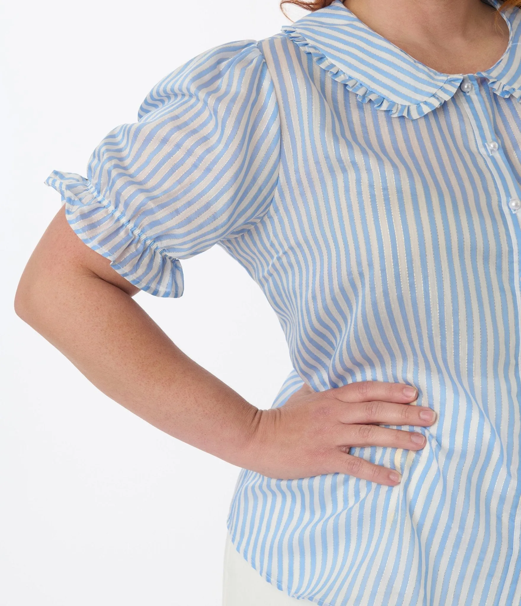 Smak Parlour Plus Size Blue & White Striped Puff Sleeve Blouse Easy Date Night