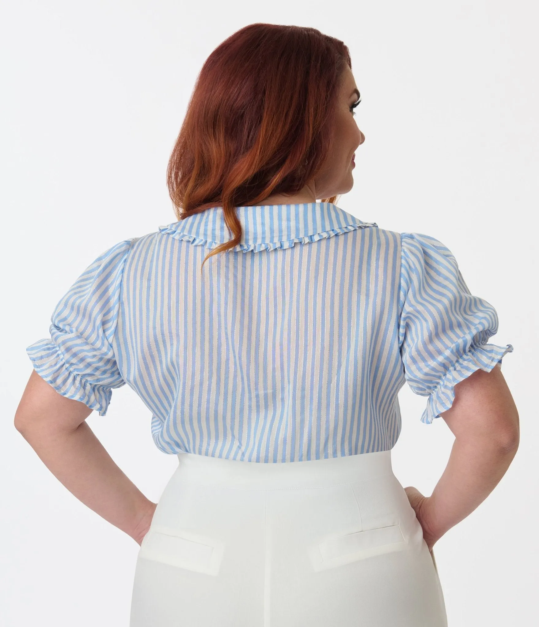 Smak Parlour Plus Size Blue & White Striped Puff Sleeve Blouse Easy Date Night