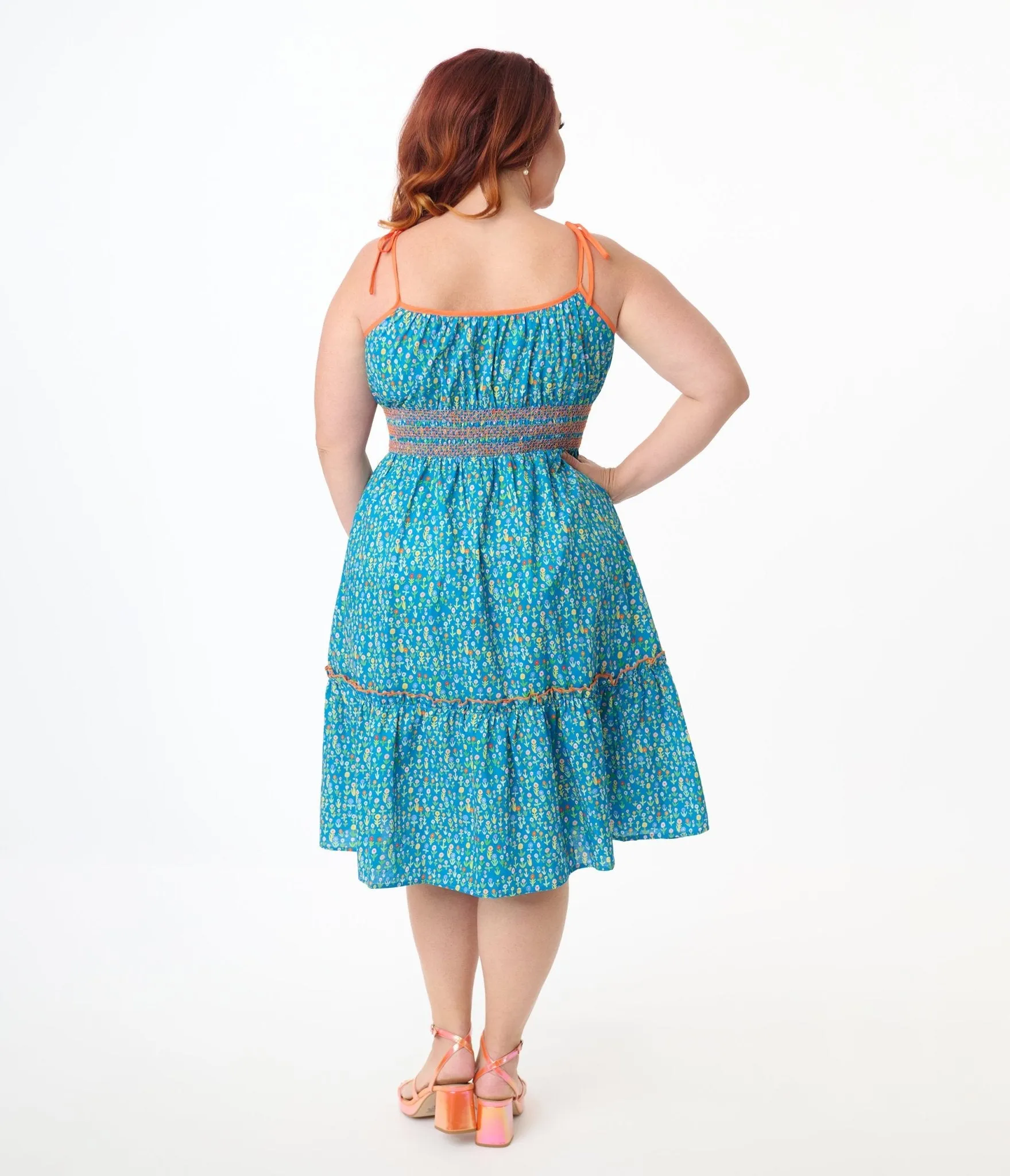 Smak Parlour Plus Size Blue Ditsy Floral Tiered Cotton Flare Dress Casual Everyday Look