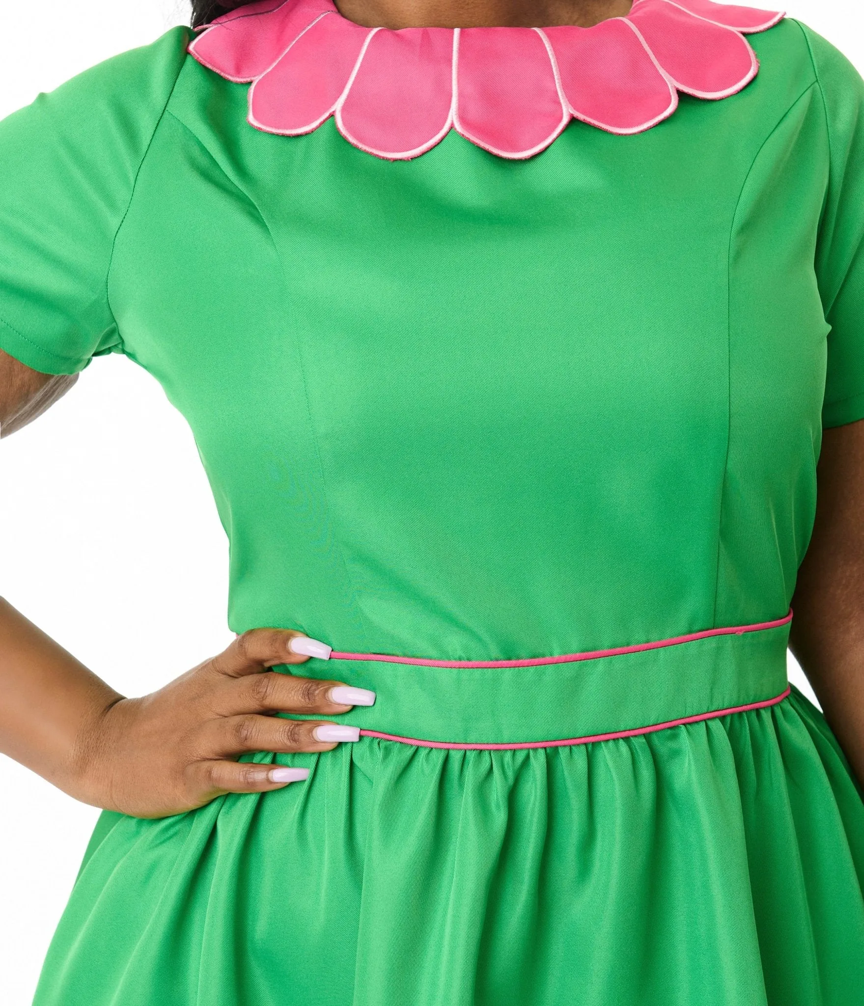 Smak Parlour Plus Size Green & Hot Pink Petal Collar Flare Dress Casual Everyday Look