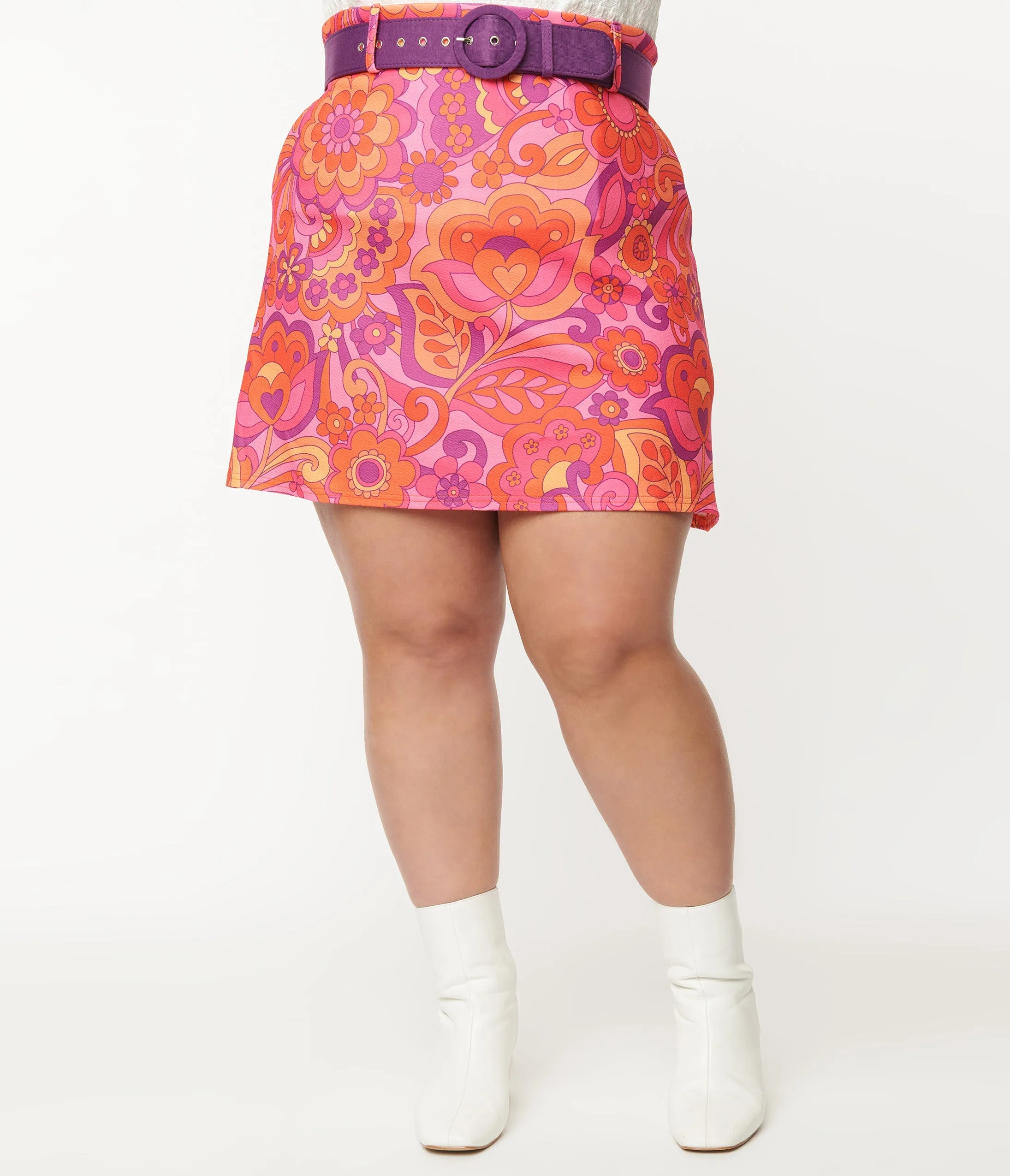 Smak Parlour Plus Size Hot Pink Mod Floral Easy Does It Mini Skirt Comfortable Travel Wear