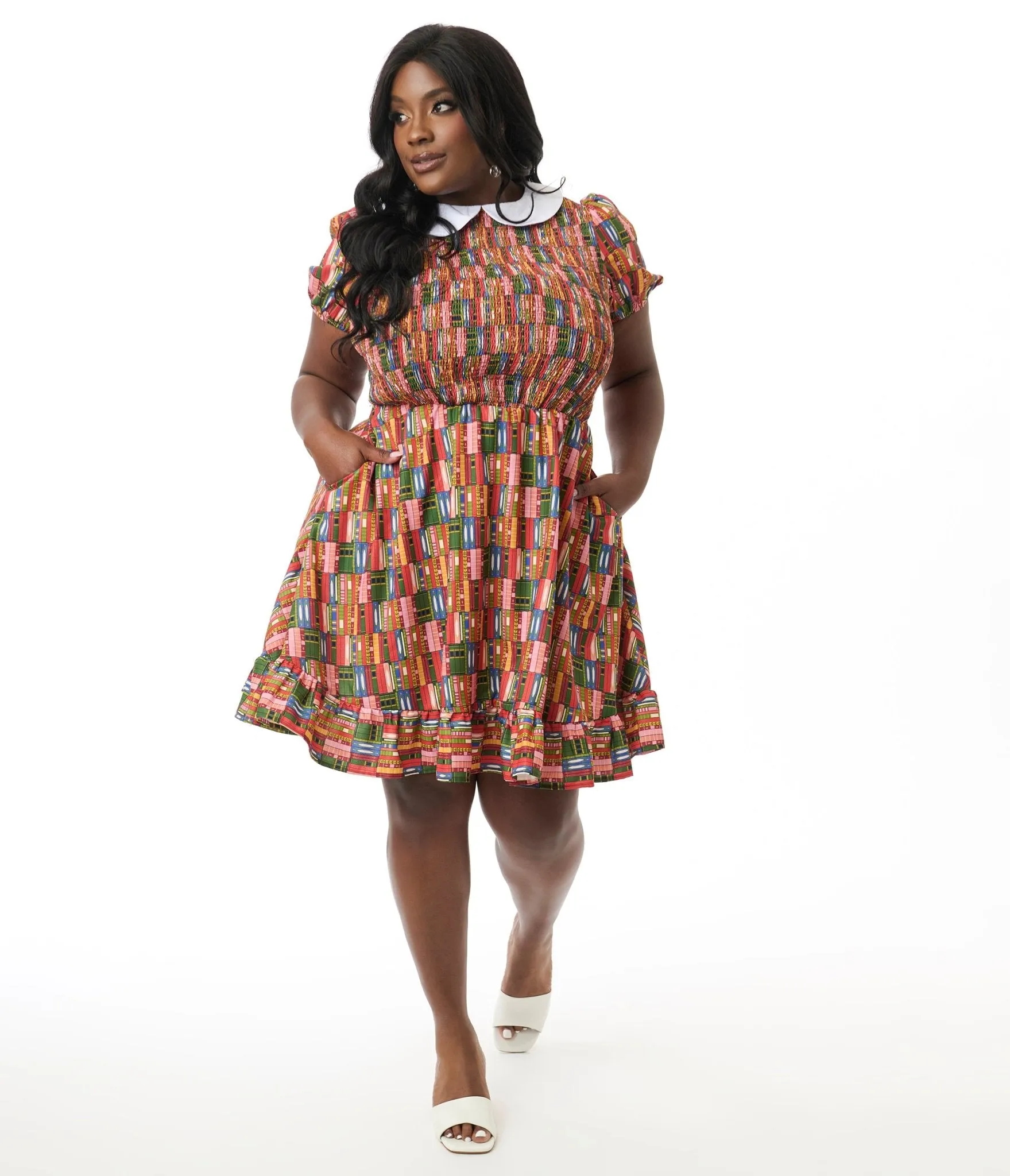 Smak Parlour Plus Size Library Shelves Print Smocked Fit & Flare Dress Casual Everyday Look